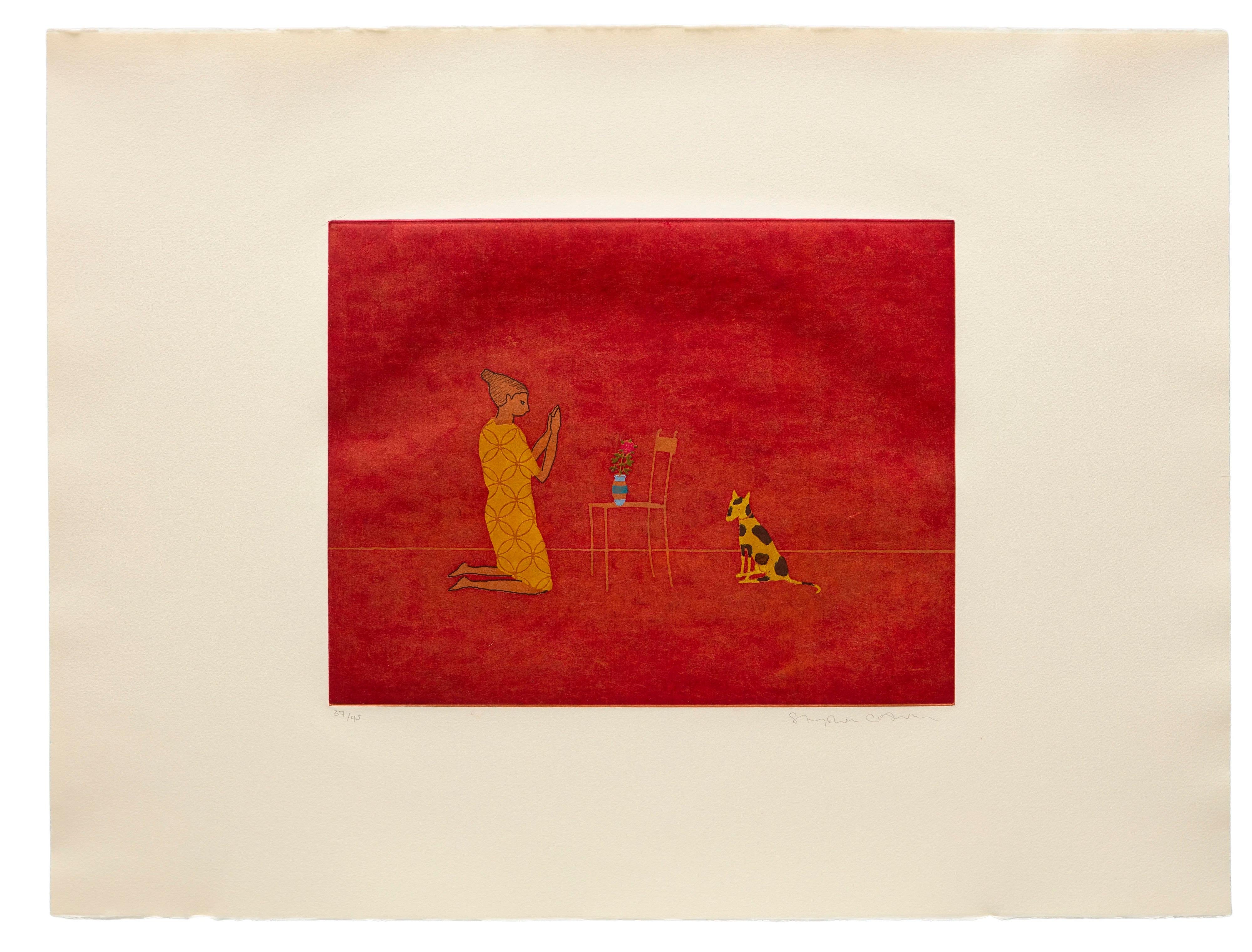 Stephen Chambers Animal Print - Ursula (with Love & Hound) -- Etching, Print, Human Figure, Animal by Chambers