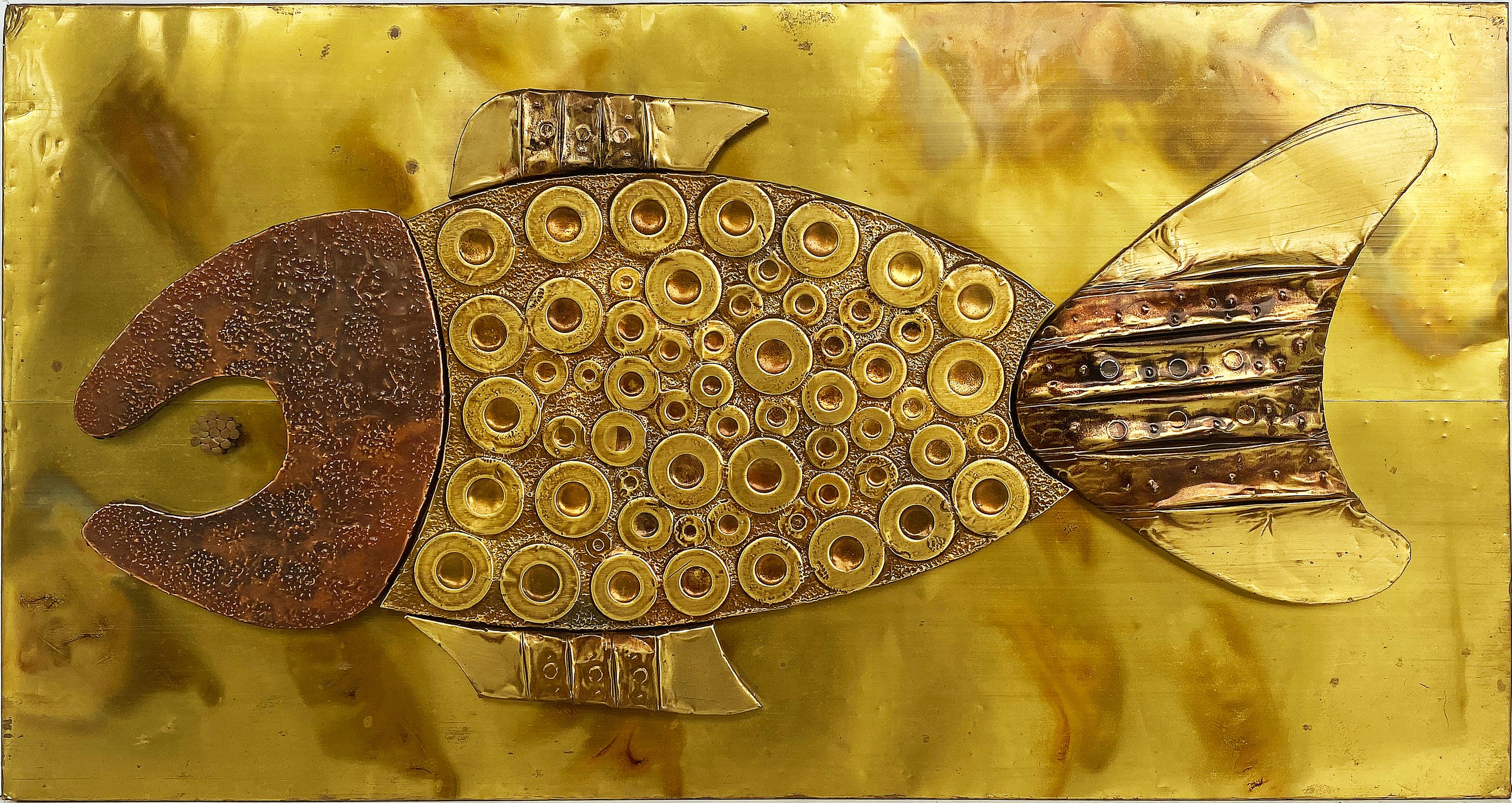 Hong Kong Stephen Chun Brutalist Abstract Fish Wall Sculpture in Brass and Copper