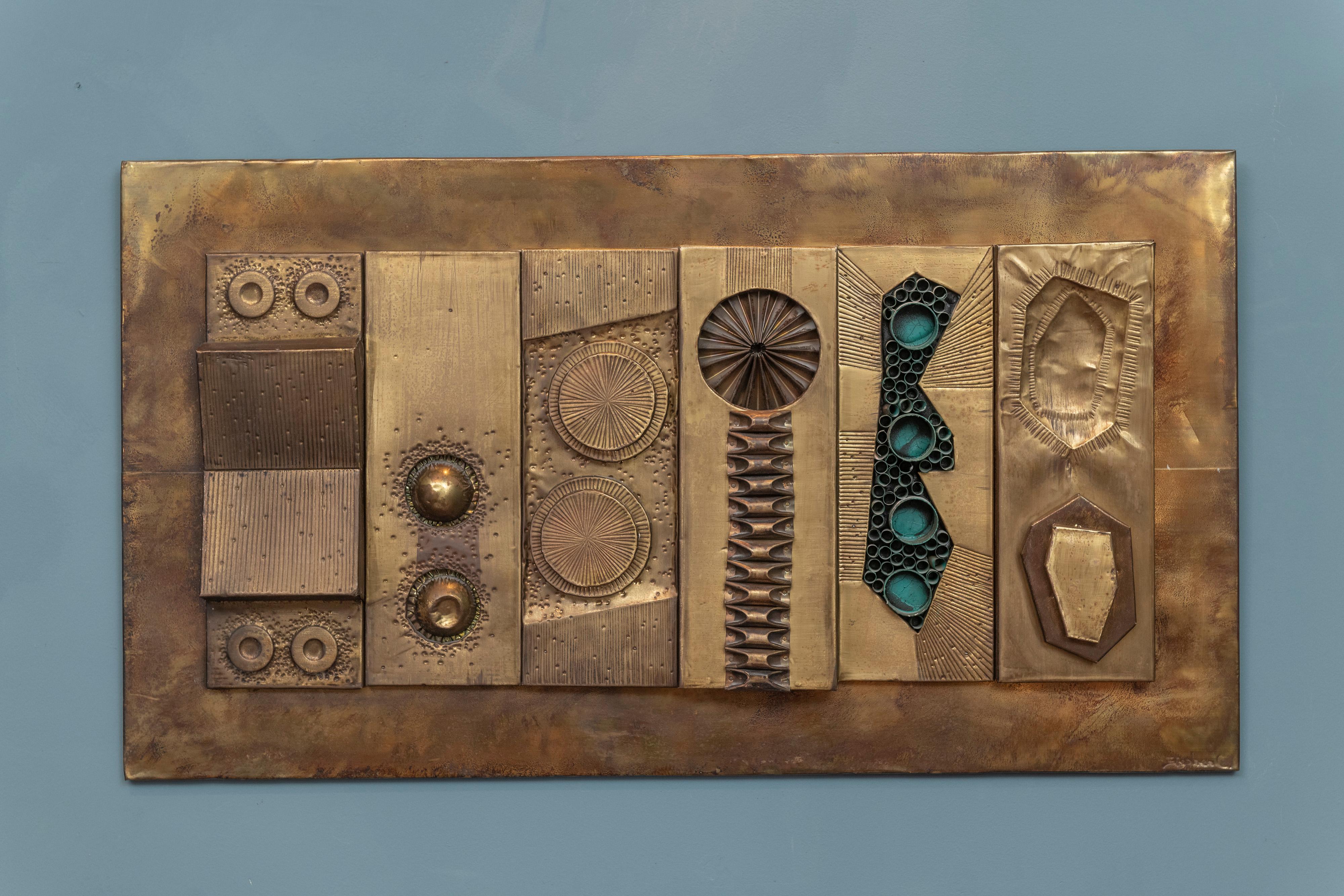 Stephen Chun brutalist abstract wall sculpture in hammered brass, copper and turquoise paint. A wonderful example of his work and in very good original condition, ready to install.
