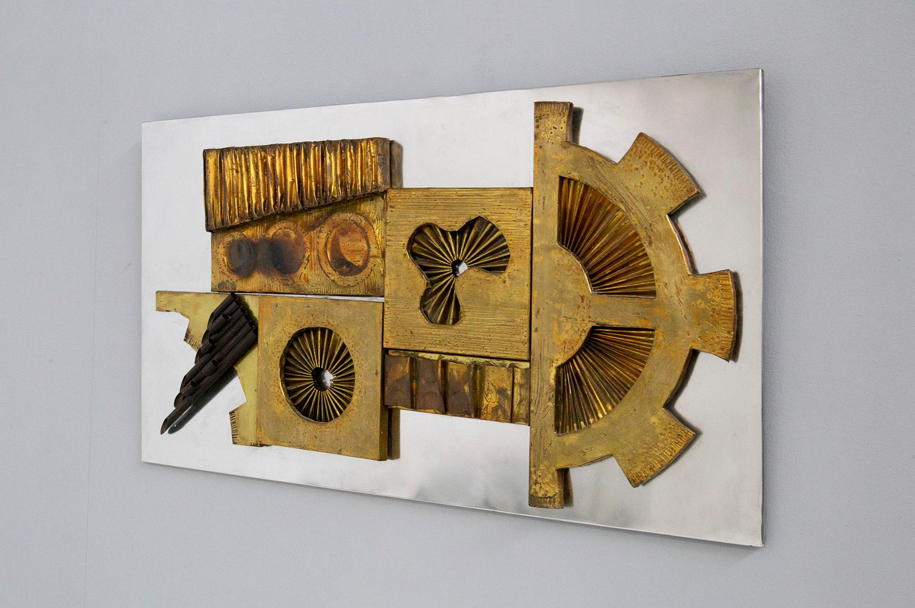 Chinese Stephen Chun Brutalist Abstract Wall Sculpture in Brass and Copper Attributed