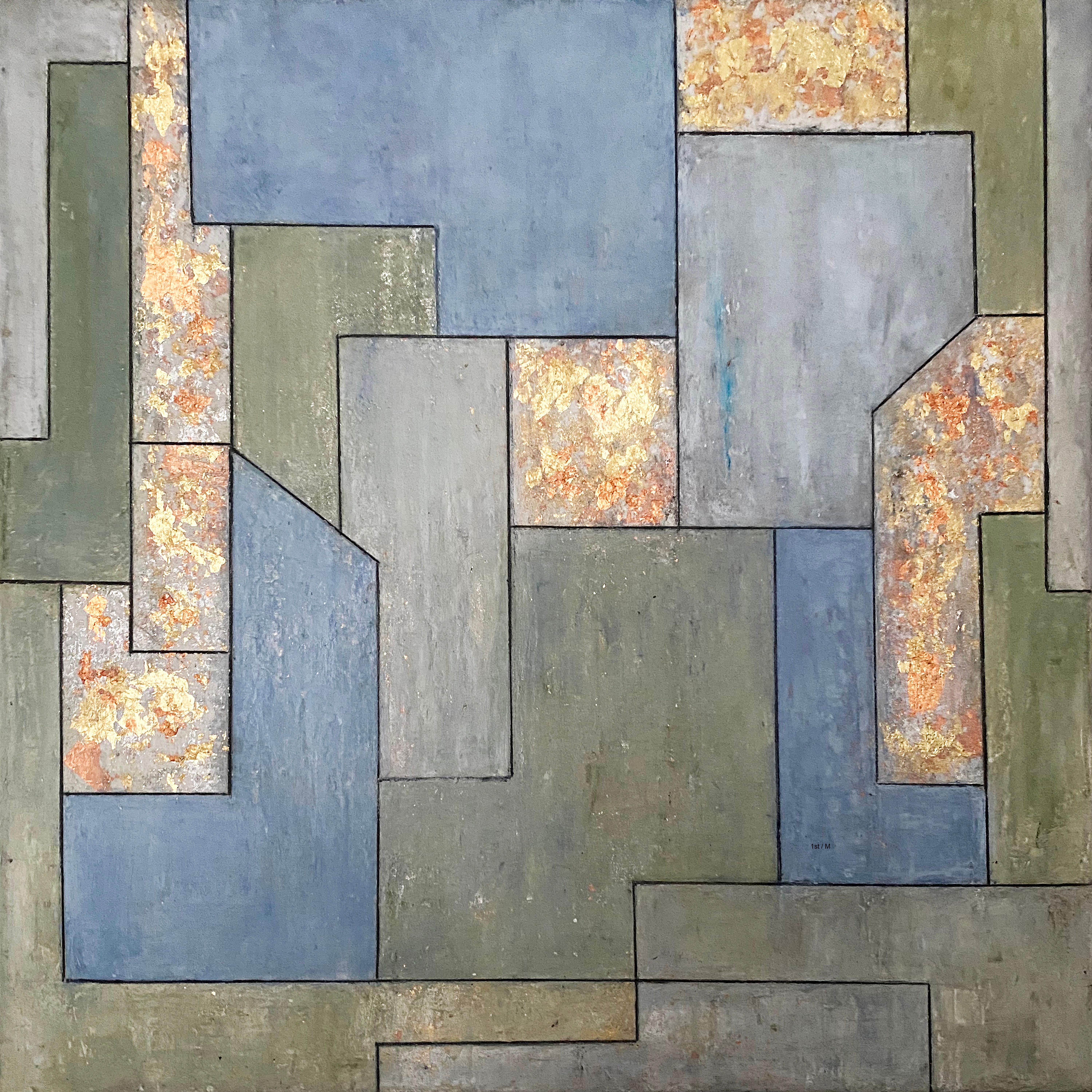 Stephen Cimini Abstract Painting – 22x22x2 Zoll.  l, Blattgold  Geometrische Architektur, zeitgenssisch, Edelstein
