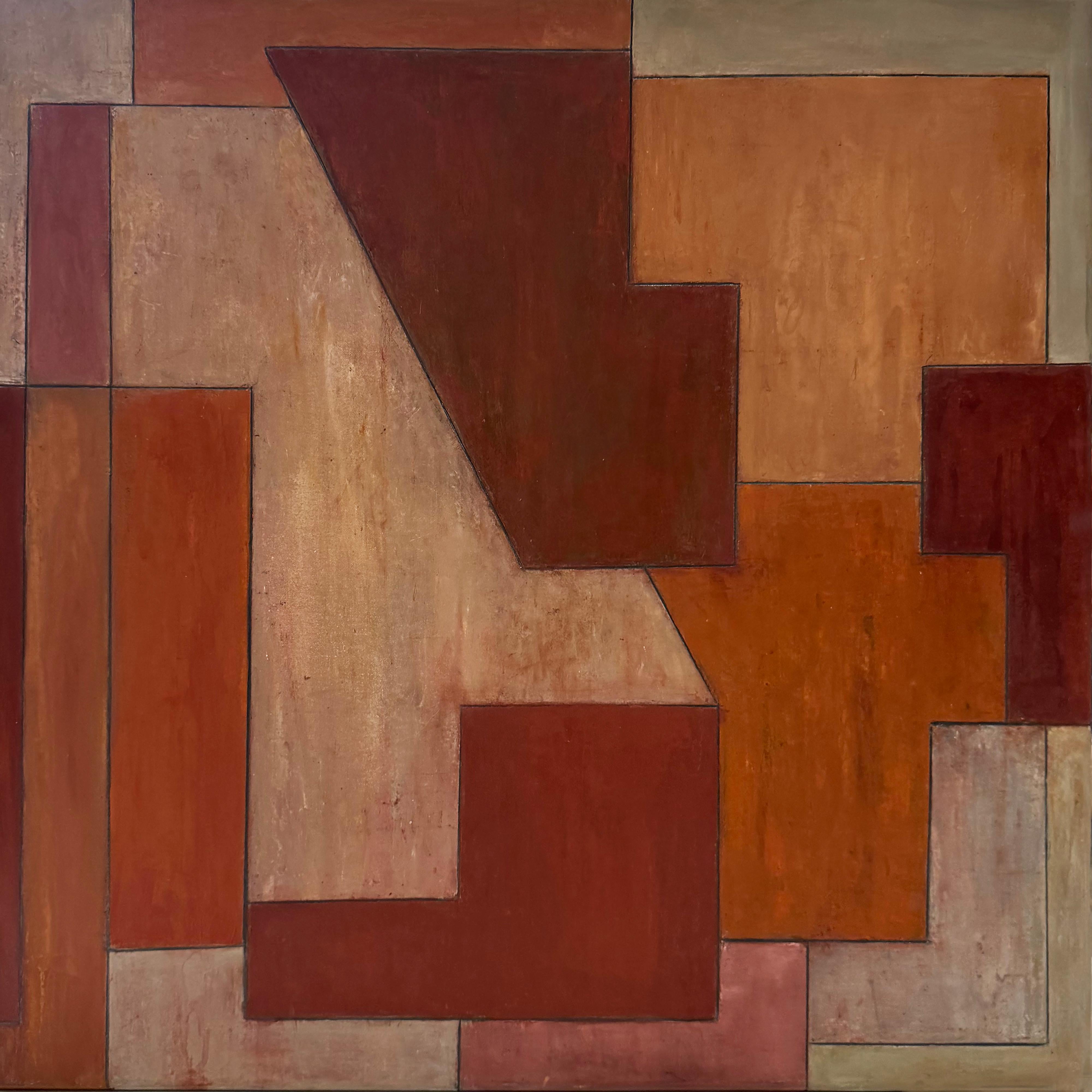 Stephen Cimini Abstract Painting –  24 x 24 x 3,5" Geometrisches architektonisches zeitgenössisches Ölgemälde, Herbst-Rost