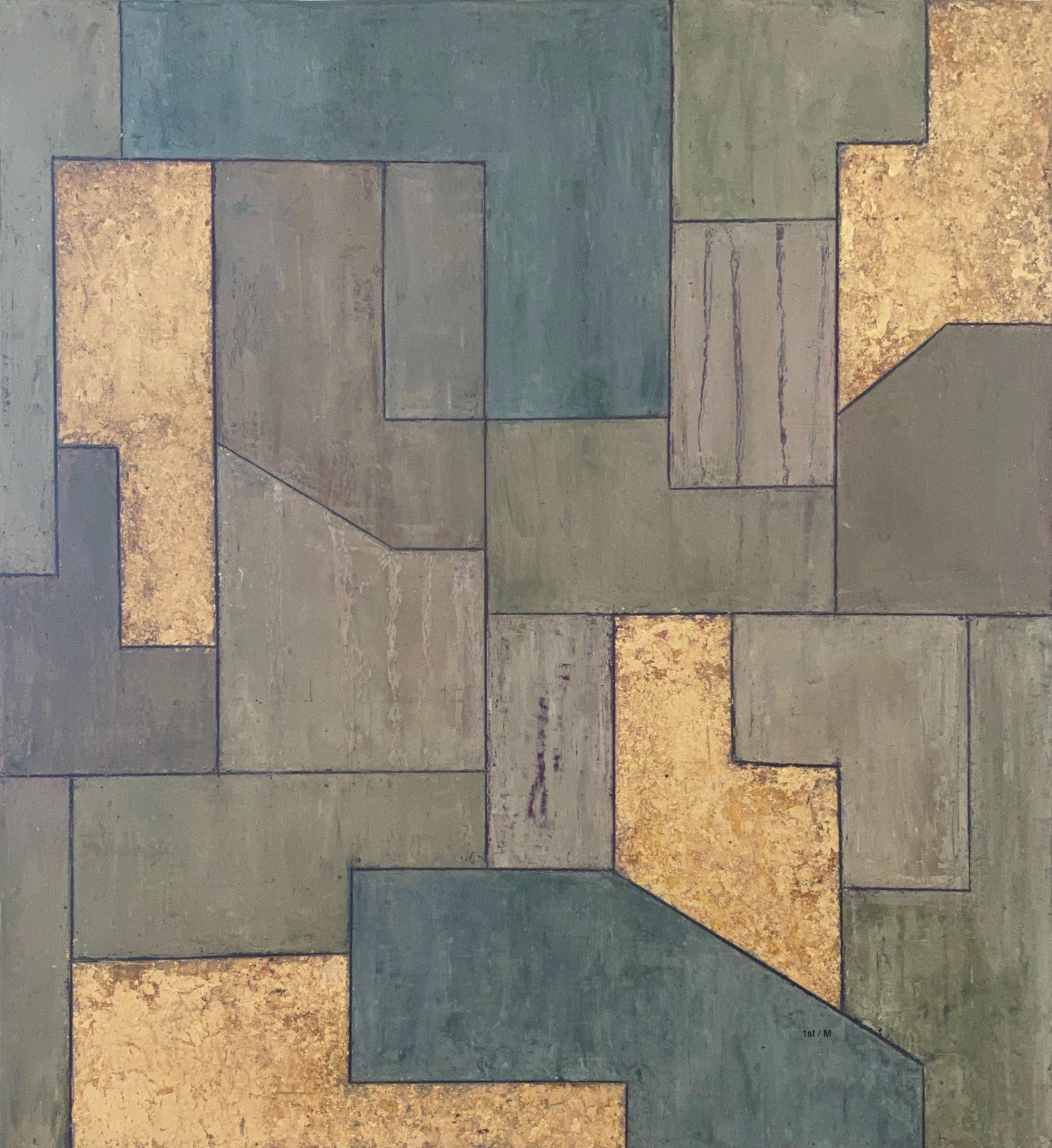 Stephen Cimini Abstract Painting – 24x22x2 Zoll. Geometrische Architektur zeitgenssisches lgemlde, Blattgold  Geometrisches Design, 4X Gold