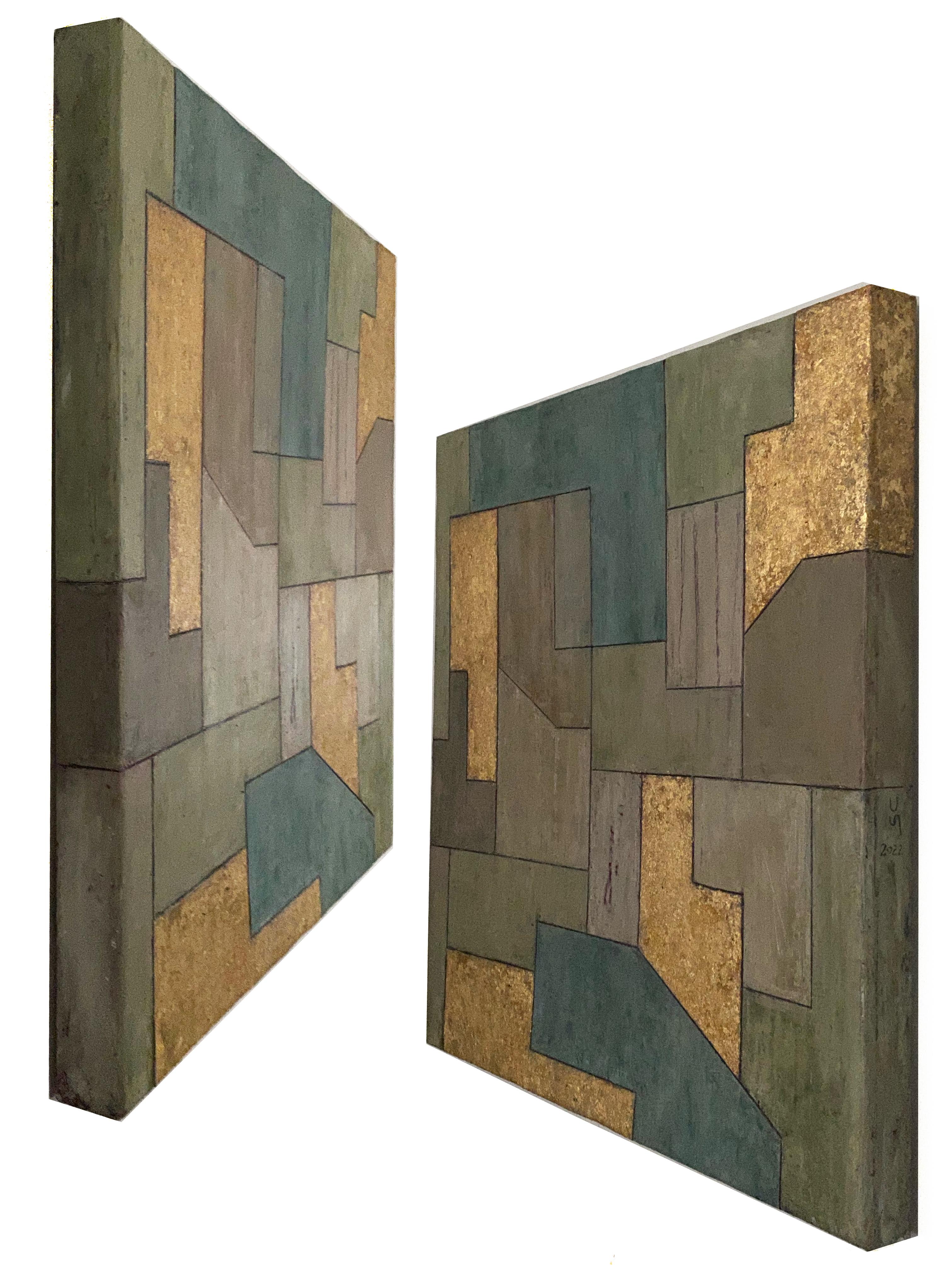 24x22x2 pollici. - Olio, Foglia d'oro - Architettonico Geometrico Contemporaneo, FG - Abstract Painting Grigio di Stephen Cimini