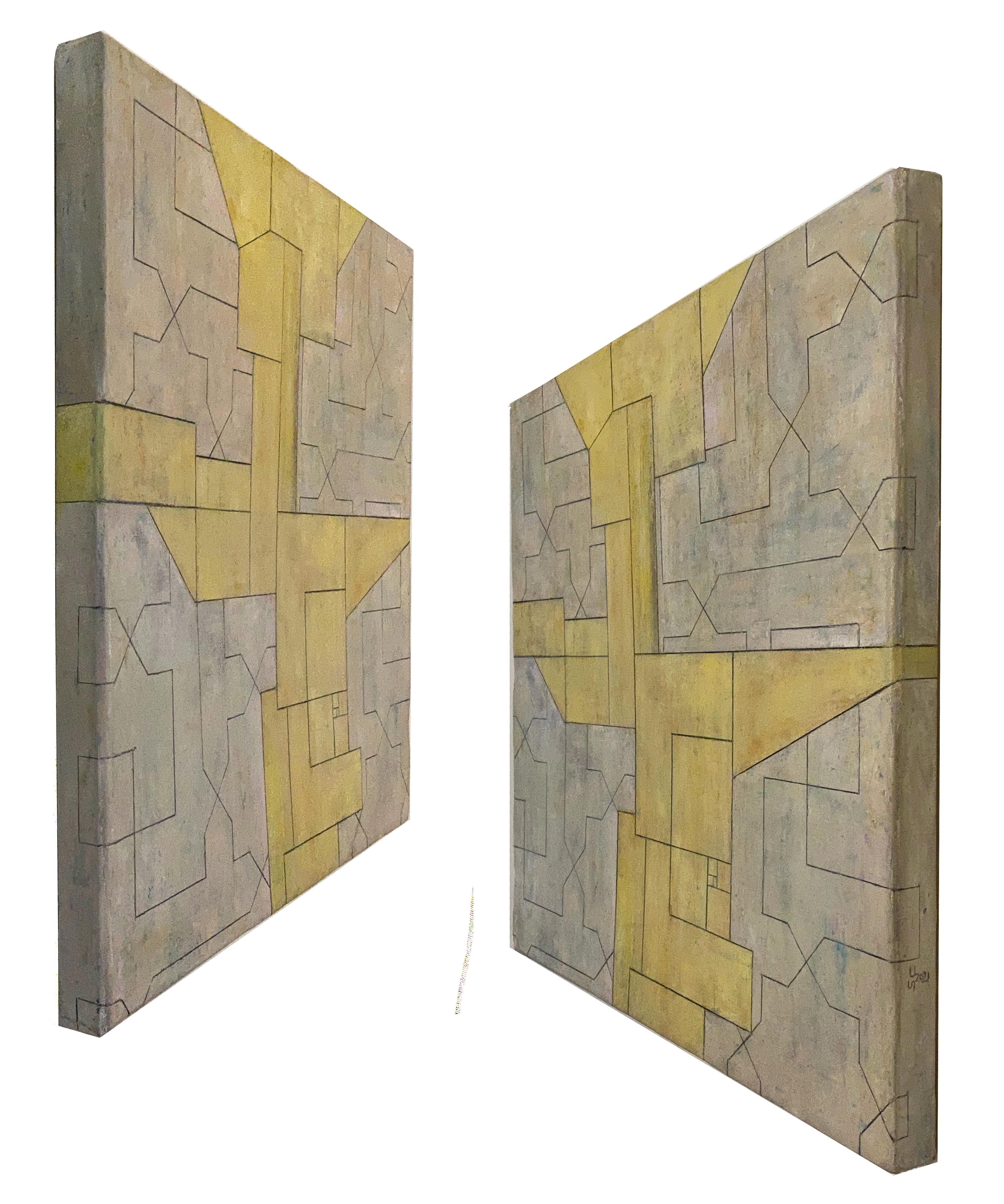 28x28x2 in. - Oil painting - Gold Yellow Geometric Abstract Oil Painting 3