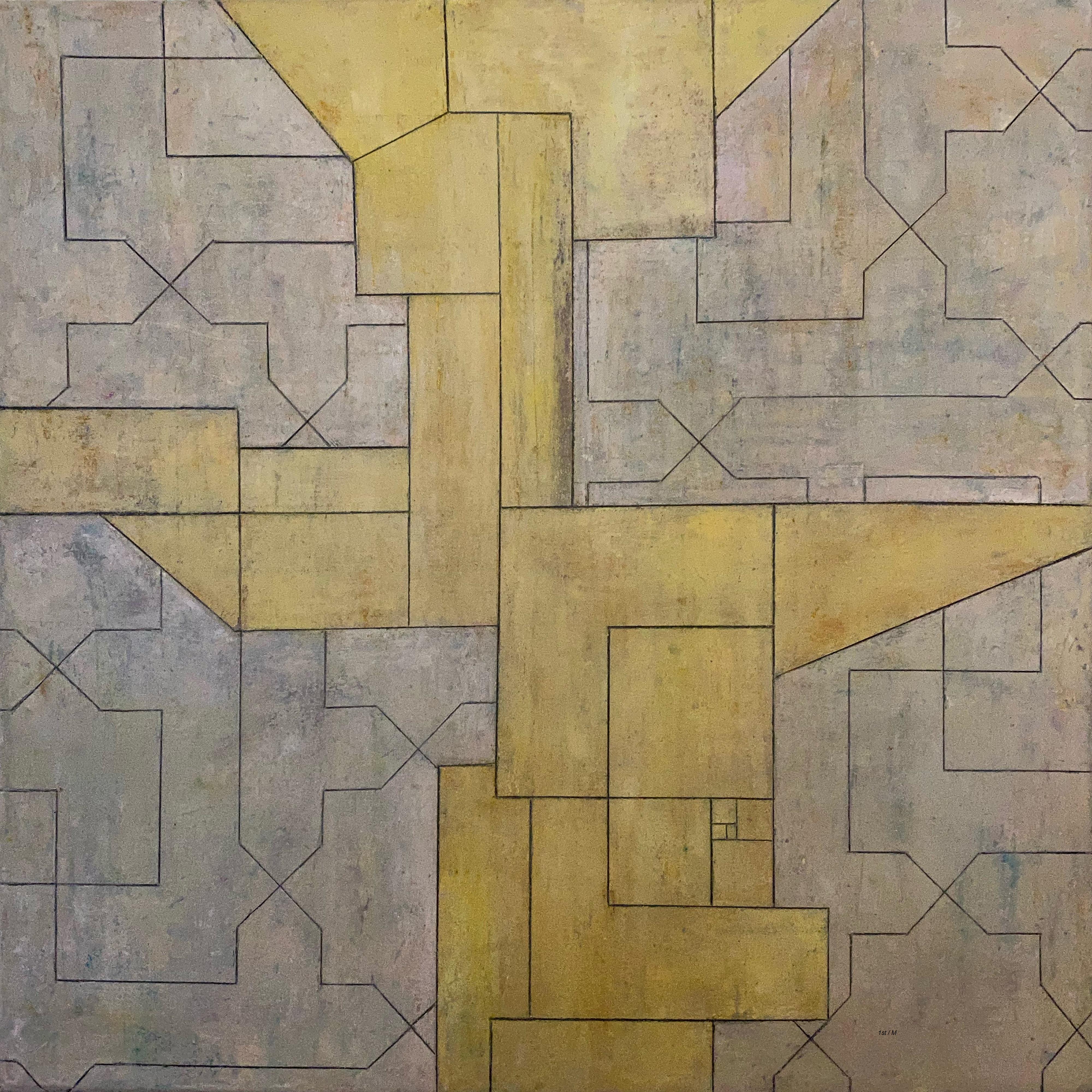 Stephen Cimini Abstract Painting - 28x28x2 in. - Oil painting - Gold Yellow Geometric Abstract Oil Painting