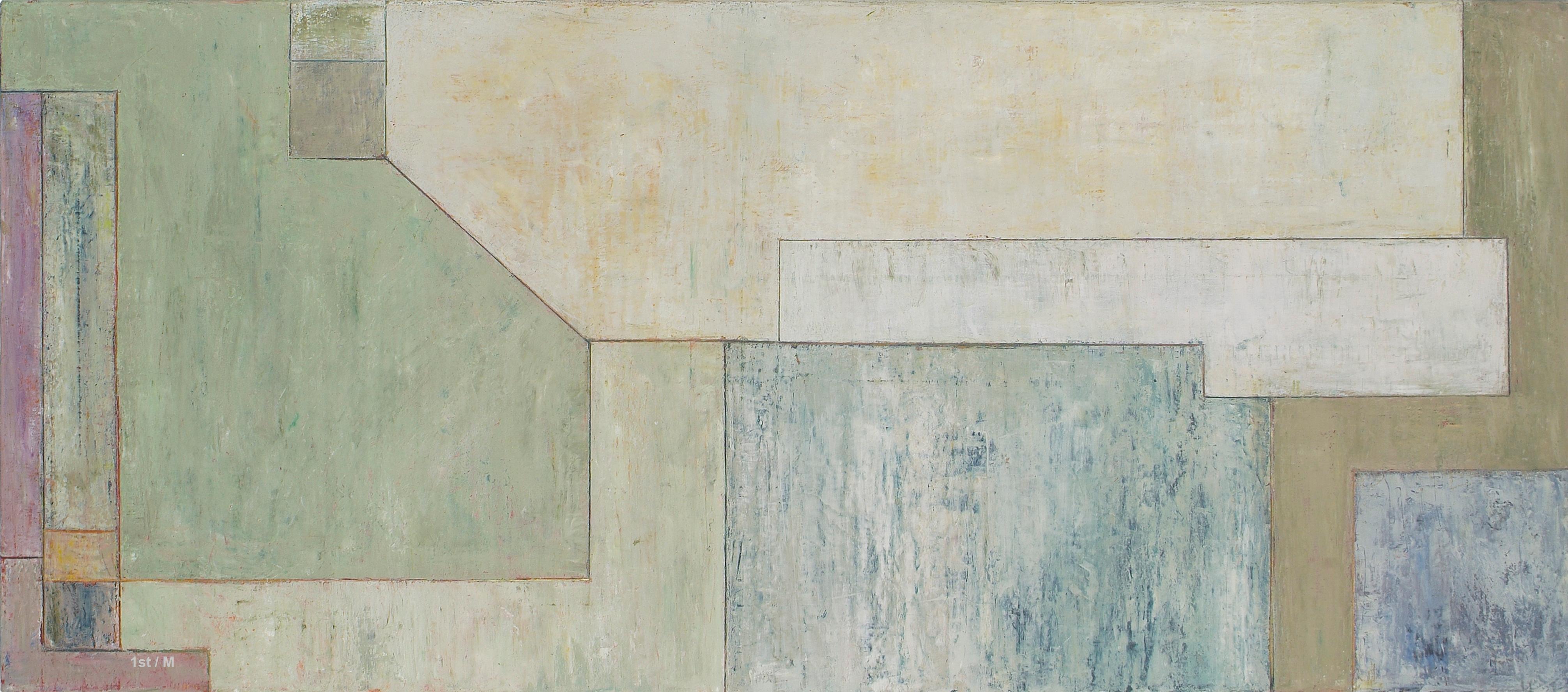 Stephen Cimini Figurative Painting - 28x64x2" Large horizontal abstract oil painting - architectural form, neutral
