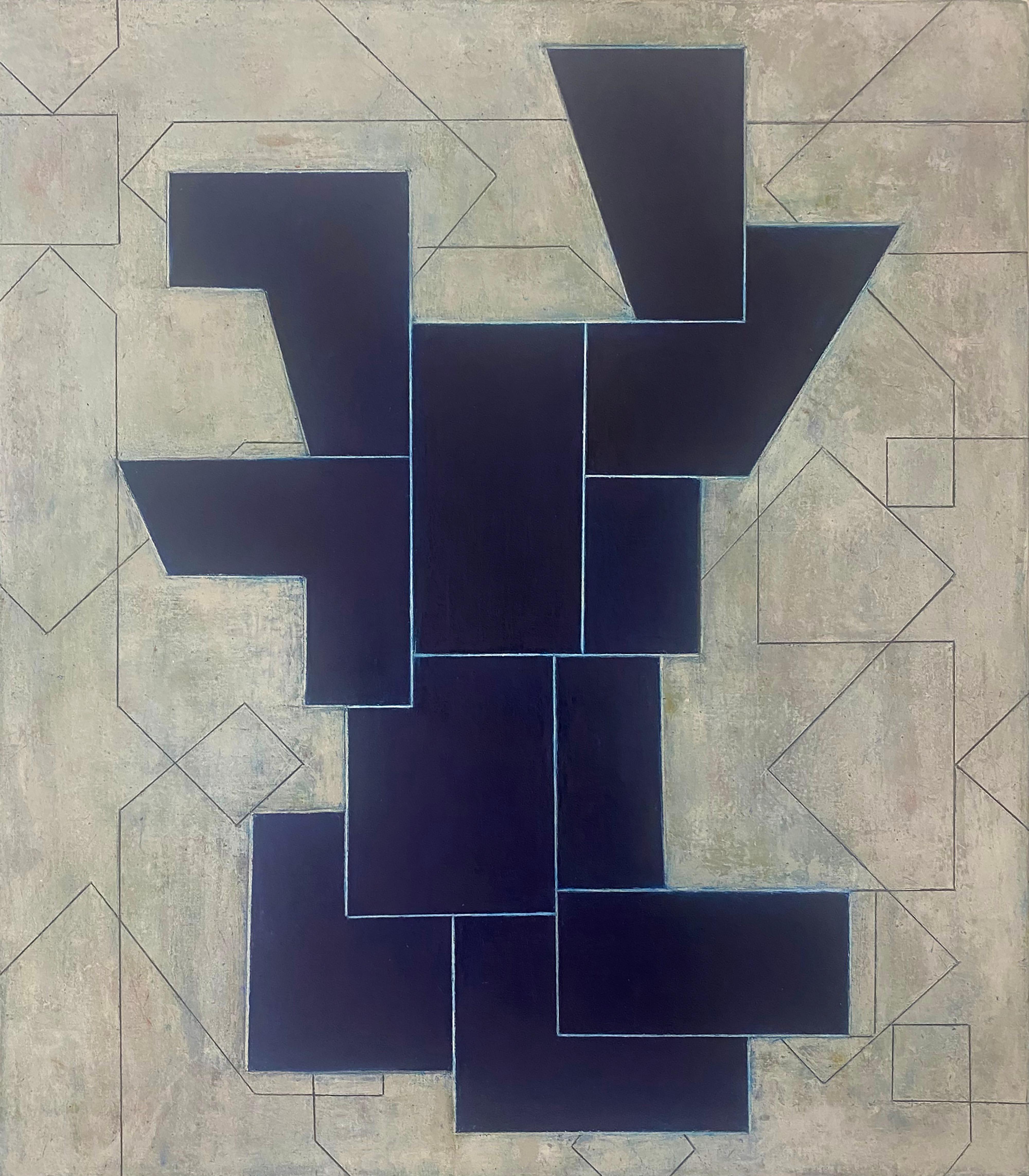 Stephen Cimini Abstract Painting – 32x28x2" Geometrische architektonische Contemporary Ölgemälde 