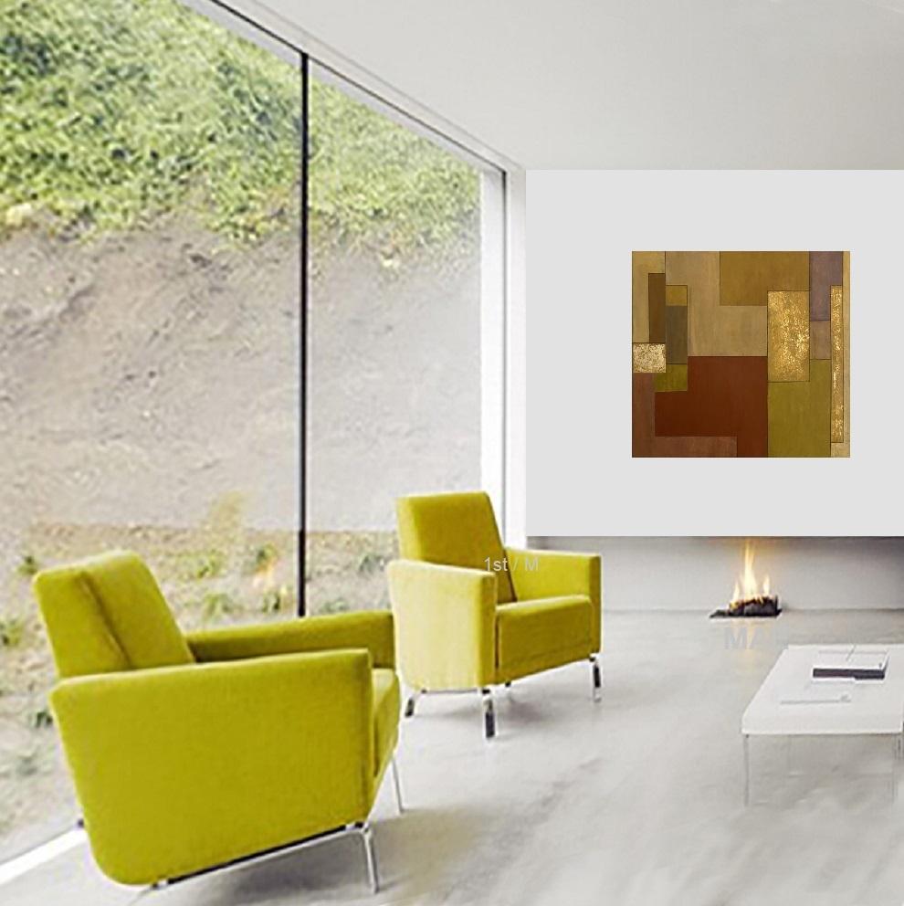 34x34x2 pollici. Foglia d'oro, Pittura ad olio astratta Contemporary - Abstract Painting Marrone di Stephen Cimini