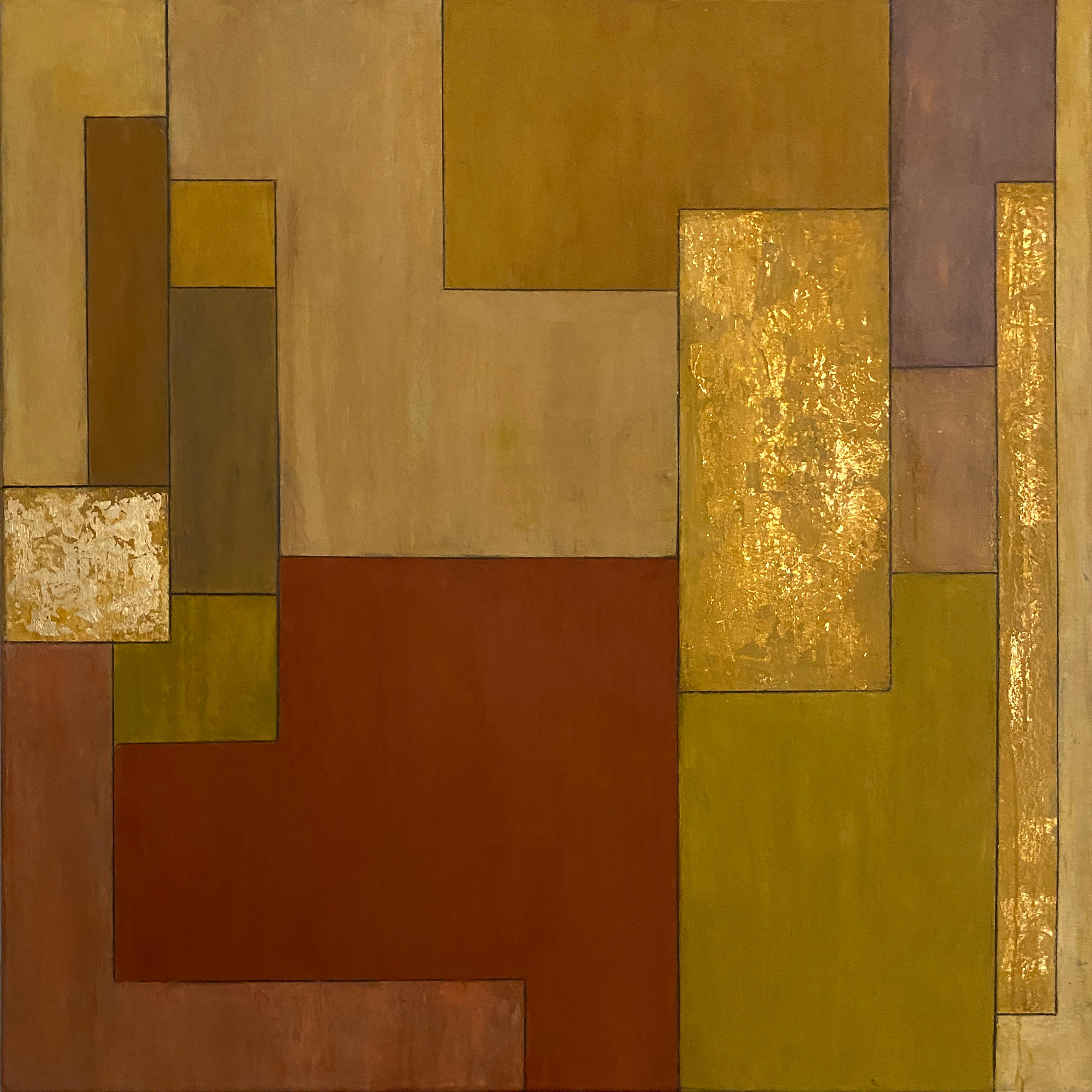 34x34x2 pollici. Foglia d'oro, Pittura ad olio astratta Contemporary