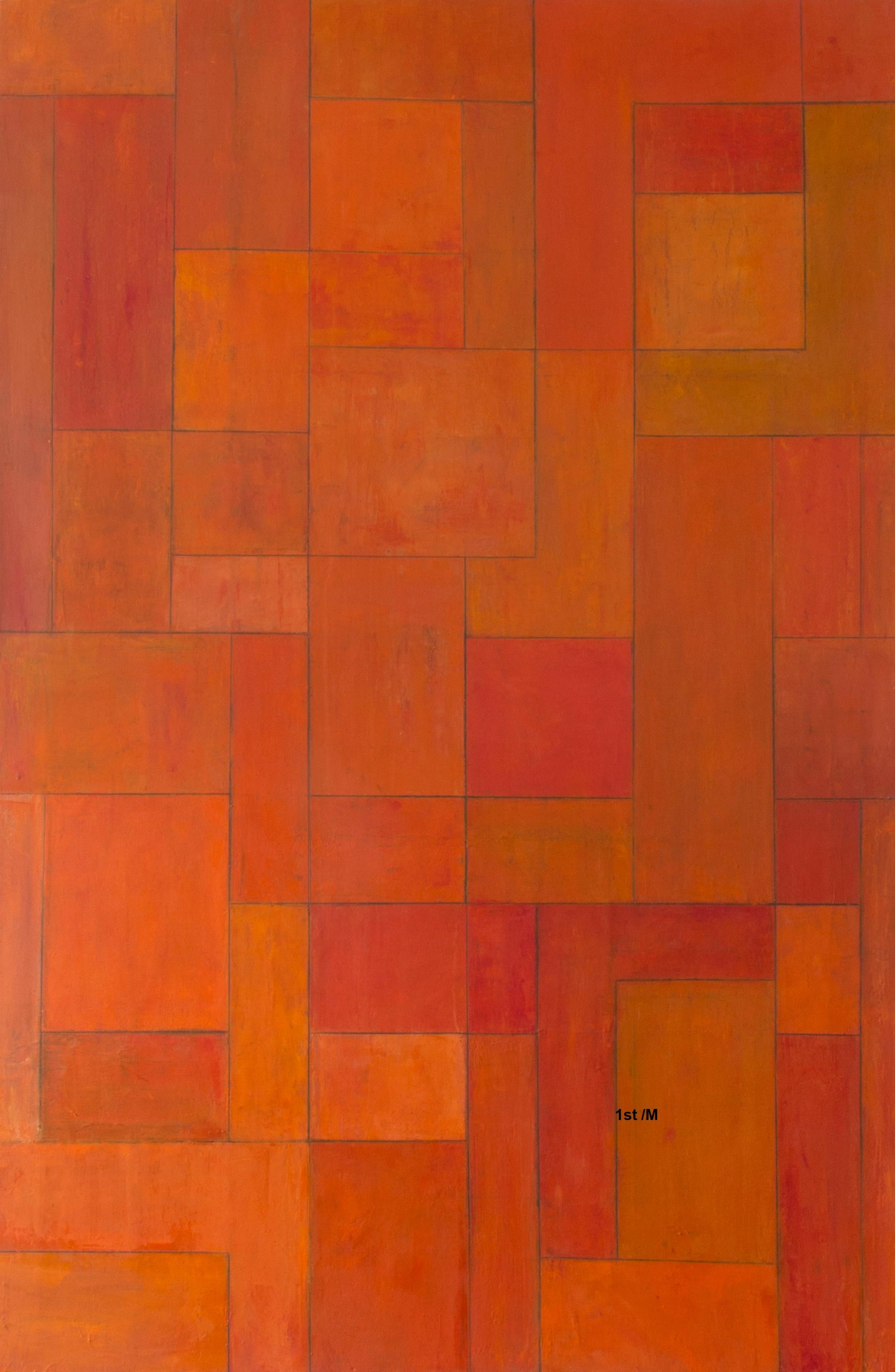Stephen Cimini Abstract Painting - Oil painting 6.5 x 4 ft - Orange Gold - architectural, color