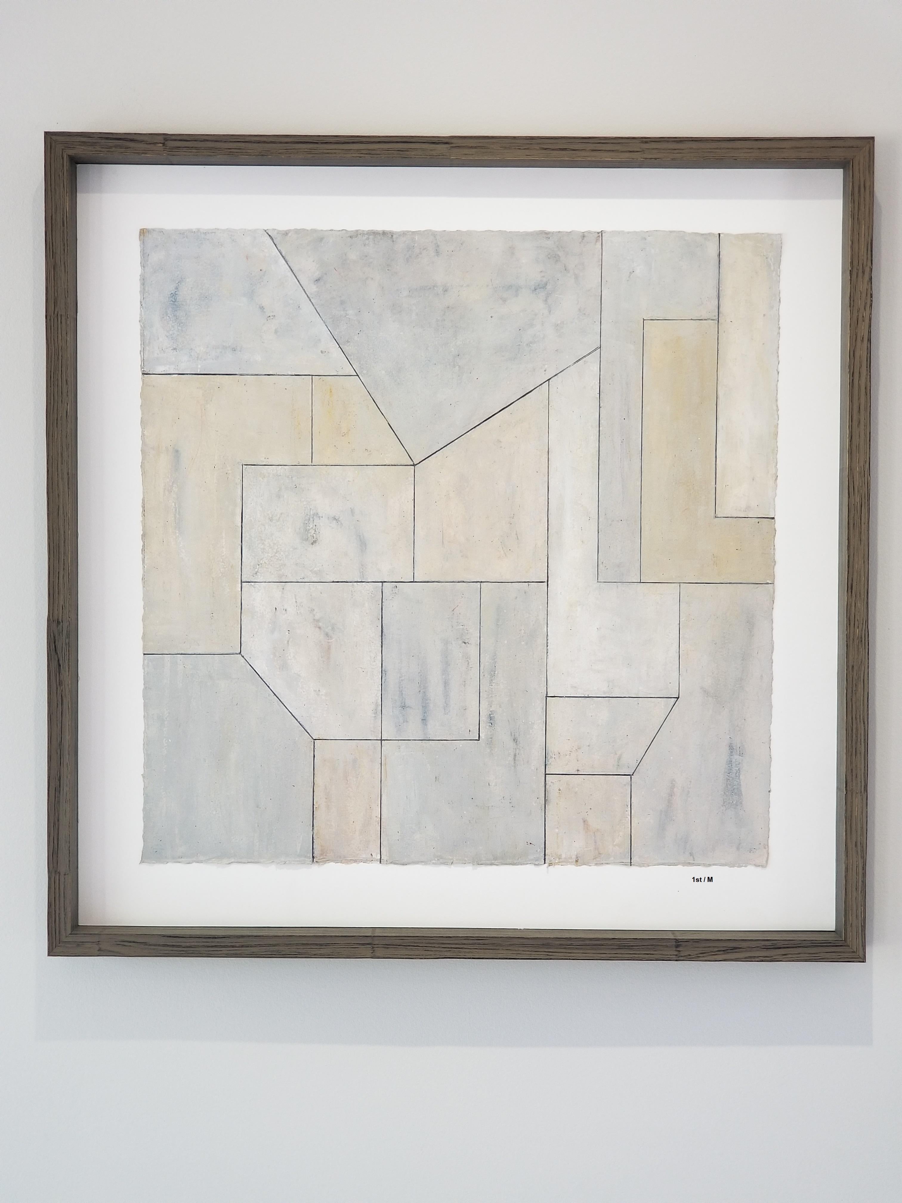 Stephen Cimini Abstract Painting - Oil painting on paper - framed in natural wood - Blue and Gray 2