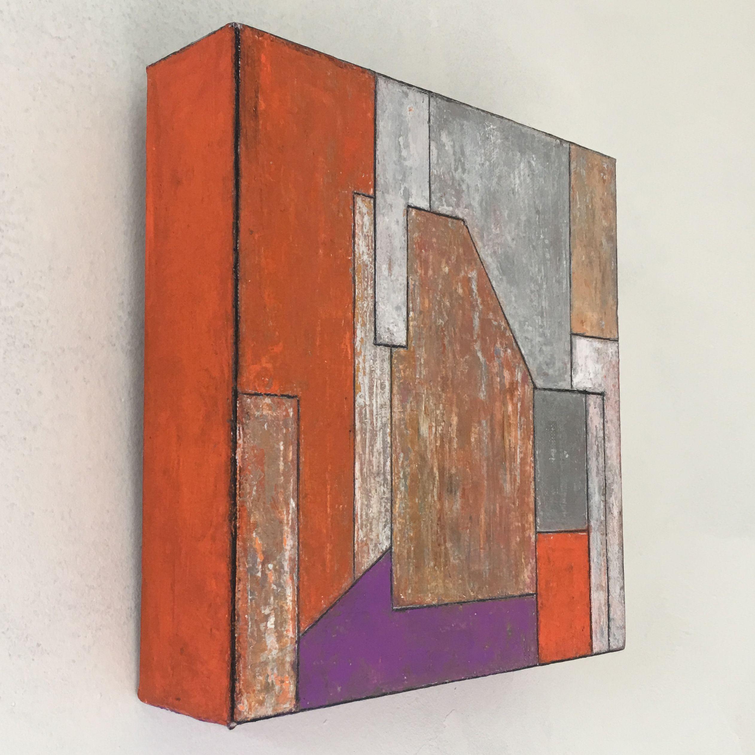 Oil paint, cold wax medium, marble dust and silver leaf on gallery wrapped canvas.     This recent study is reminiscent of my earlier architectural abstract work. The painting also puts orange and purple together, a combination I have always loved