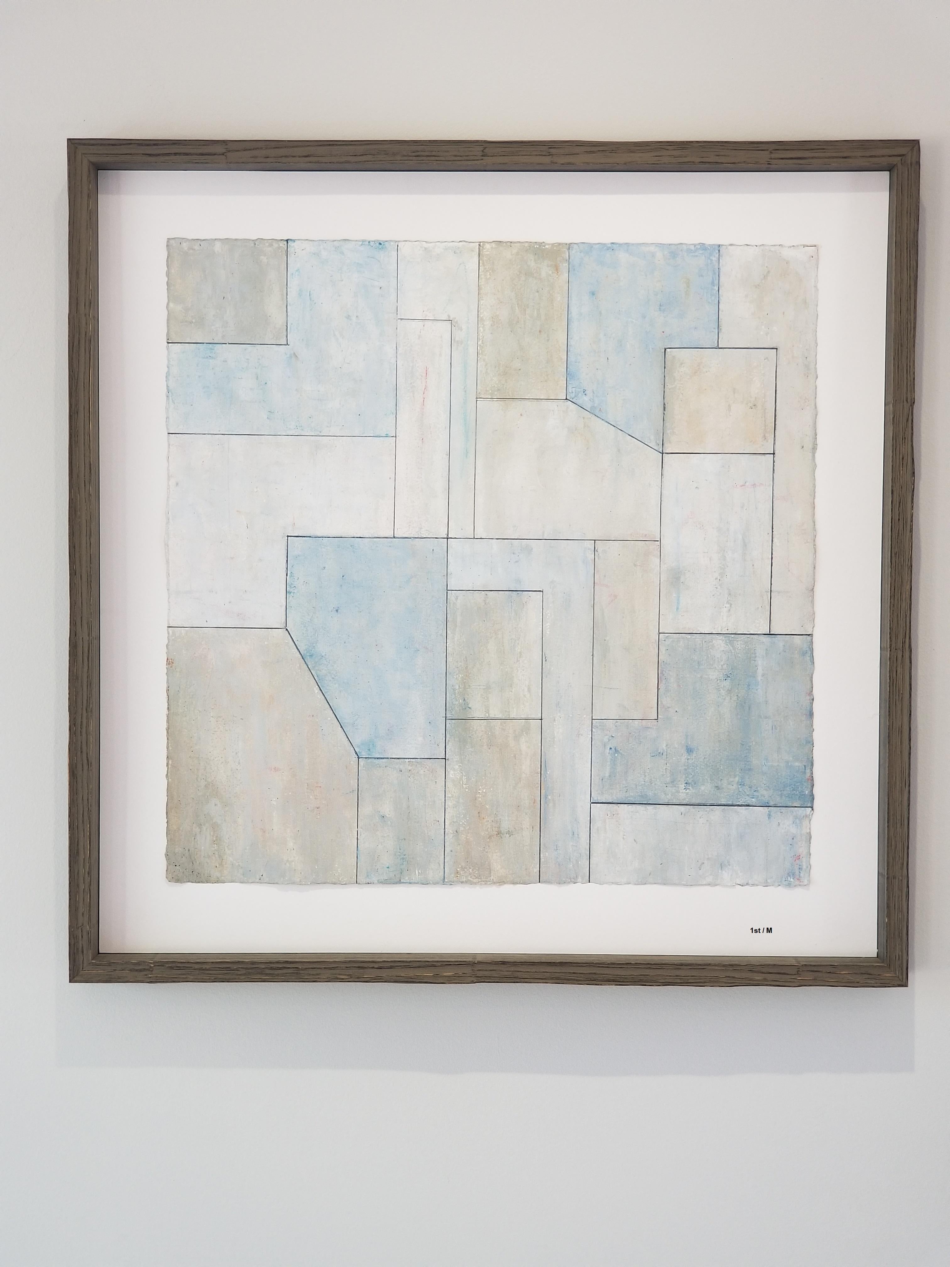 Stephen Cimini Abstract Painting - Oil painting on paper - framed in natural wood - Blue and Gray 1