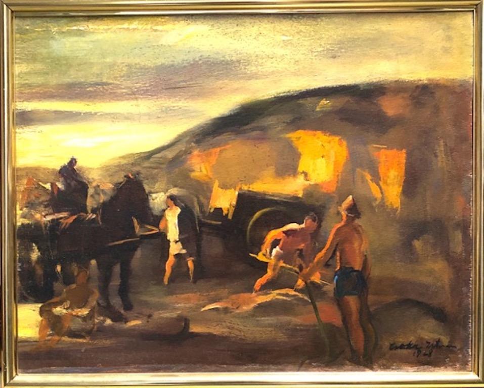 Stephen Csoka Figurative Painting -  Sand Pit Hungarian American Painting Workers Horses European Modernism 1928 WPA