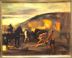 Antique  Sand Pit Hungarian American Painting Workers Horses European Modernism 1928 WPA