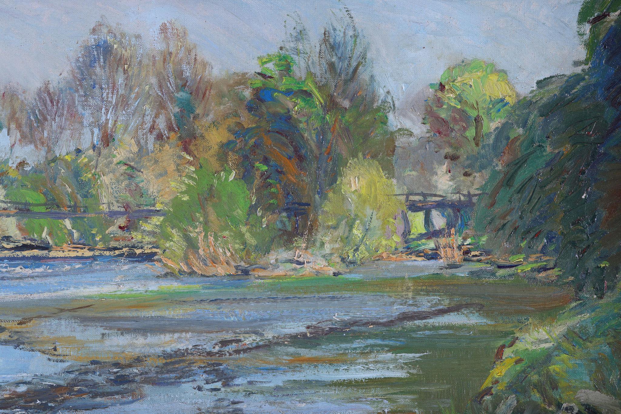 Il fiume che scorre. Pittura a olio su tela - Landscape Painting Grigio di Stephen Denison
