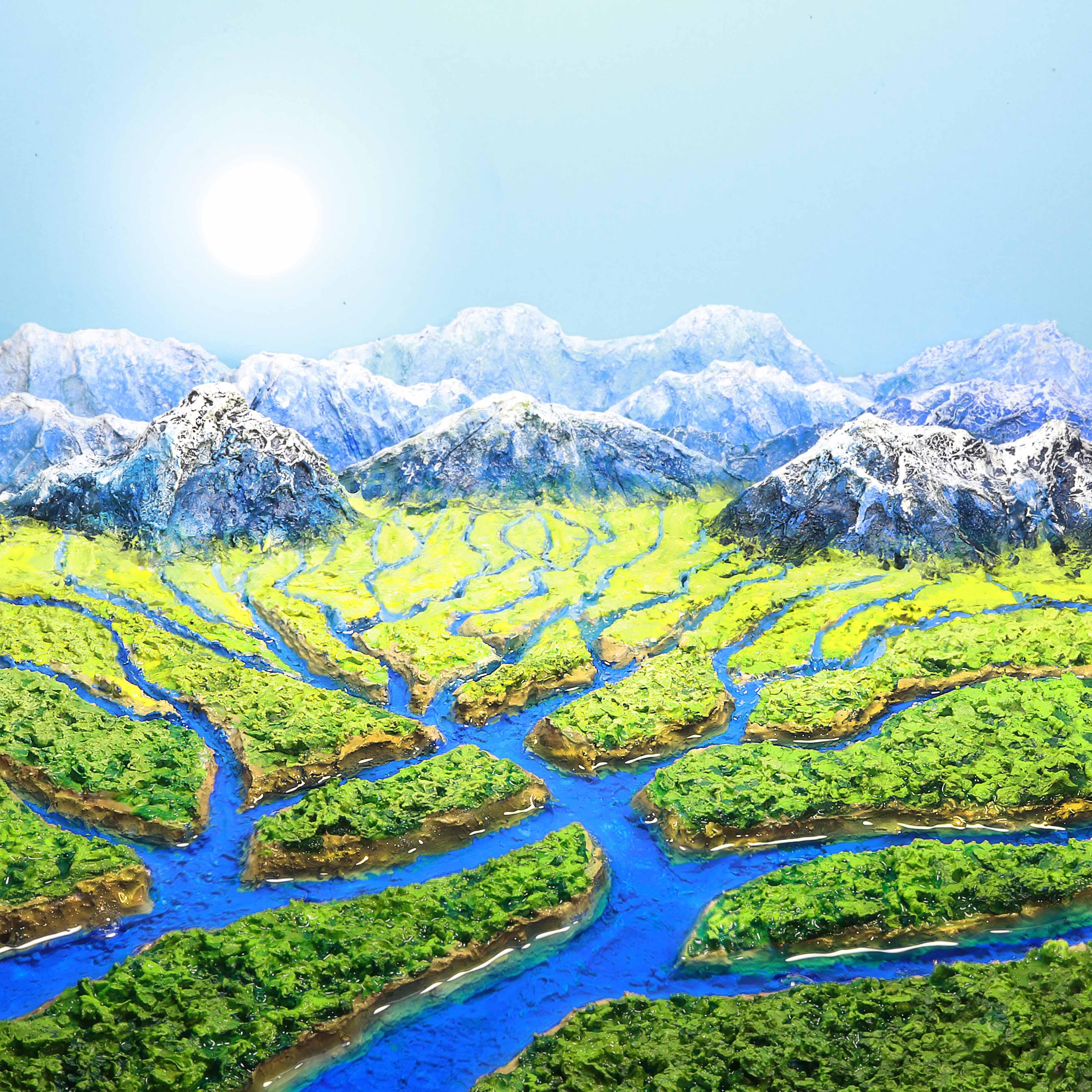 "River Delta and Mountains (3/5)" Stephen Dorsett (États-Unis) est une photo à l'acrylique avec un emballage en polystyrène et un bain de bouche. Cette pièce est prête à être accrochée. 

Stephens, un artiste connu pour son utilisation innovante des