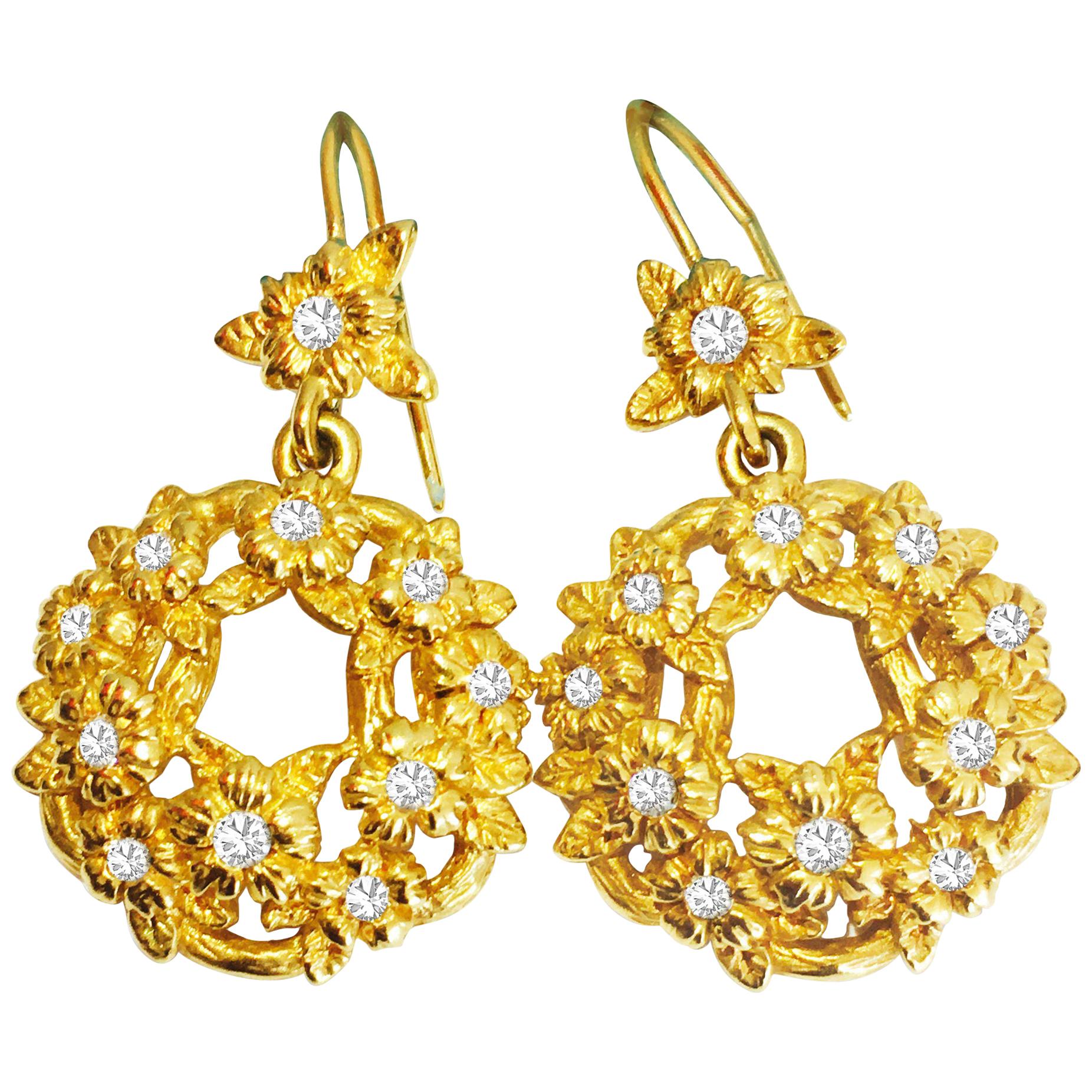 Stephen Dweck, 18 Karat Yellow Gold and Diamond Dangle Earrings For Sale