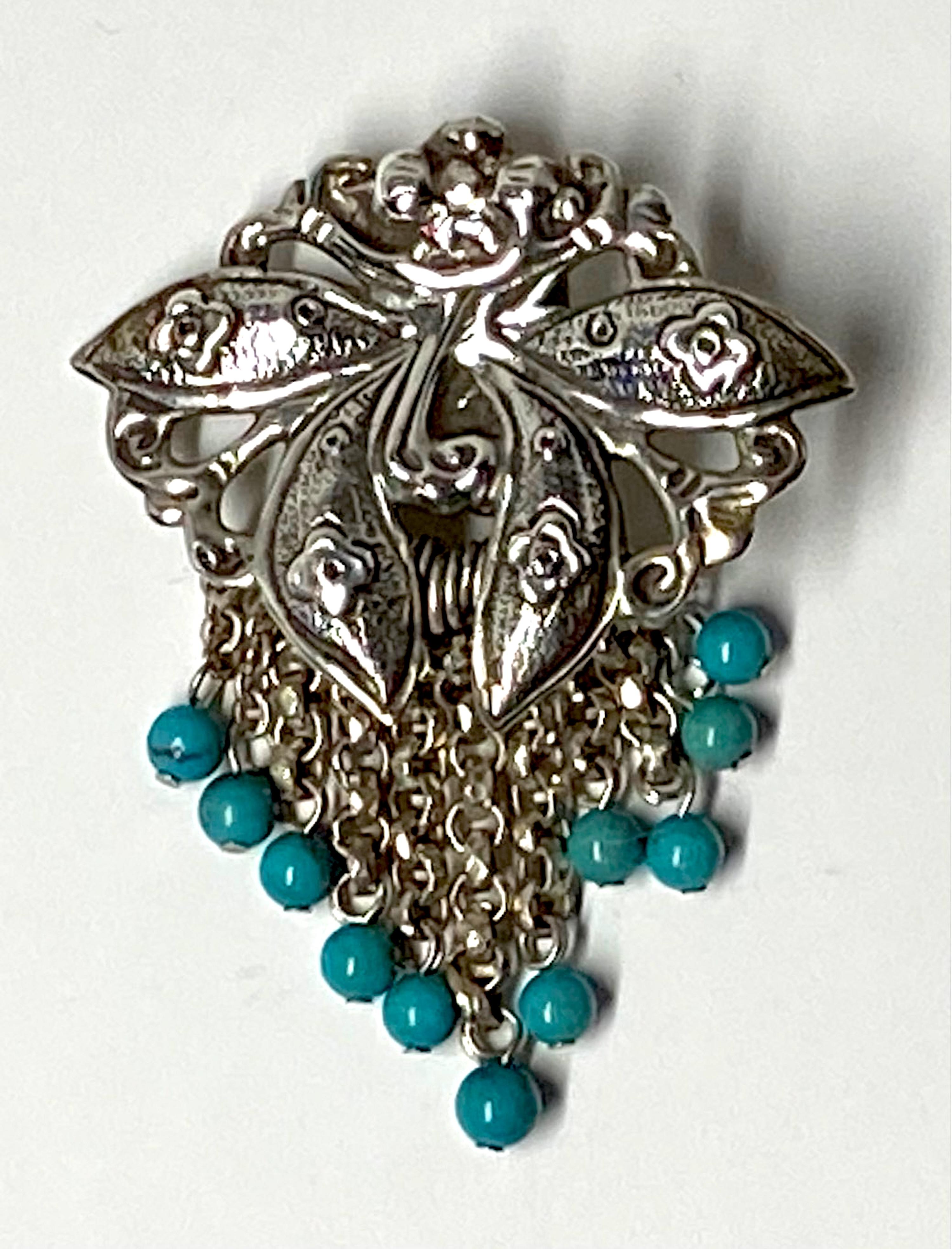Taille ronde Stephen Dweck Boucles d'oreilles  franges  grande fleur en perles et turquoise en argent sterling 1988