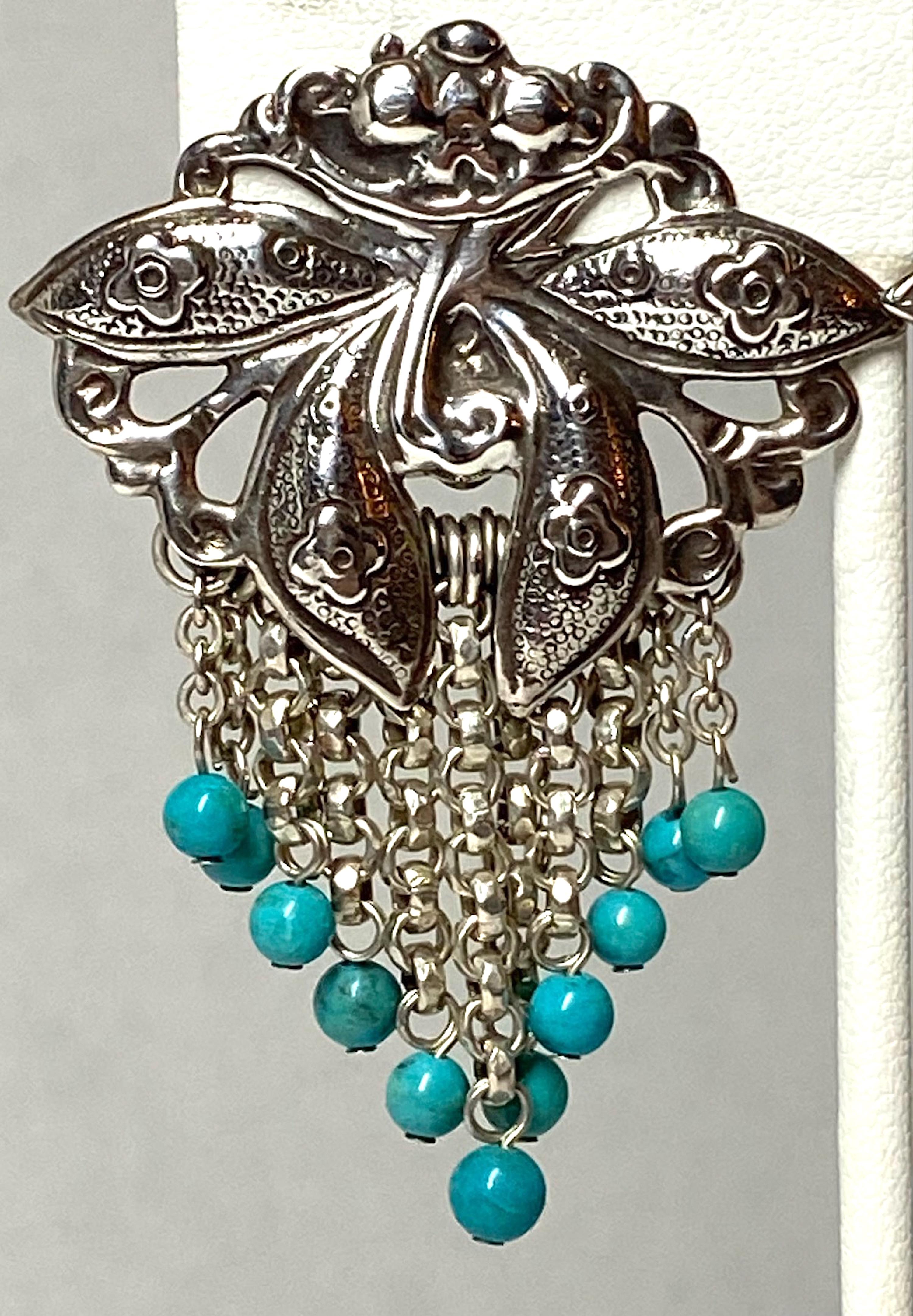 Round Cut Stephen Dweck 1988 Sterling & Turquoise Bead Large Flower Fringe Earrings