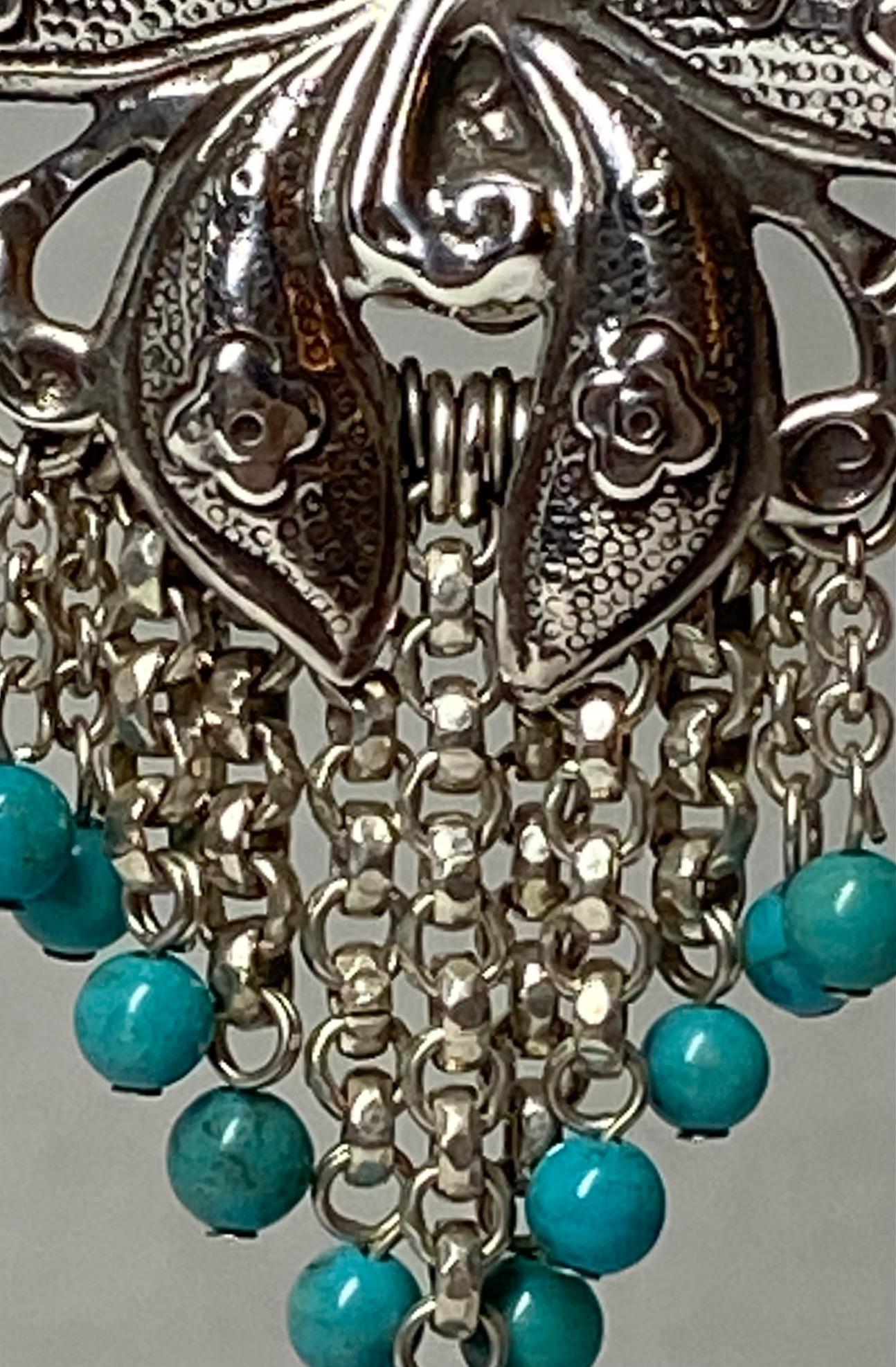 Stephen Dweck 1988 Sterling & Turquoise Bead Large Flower Fringe Earrings In Good Condition In New York, NY