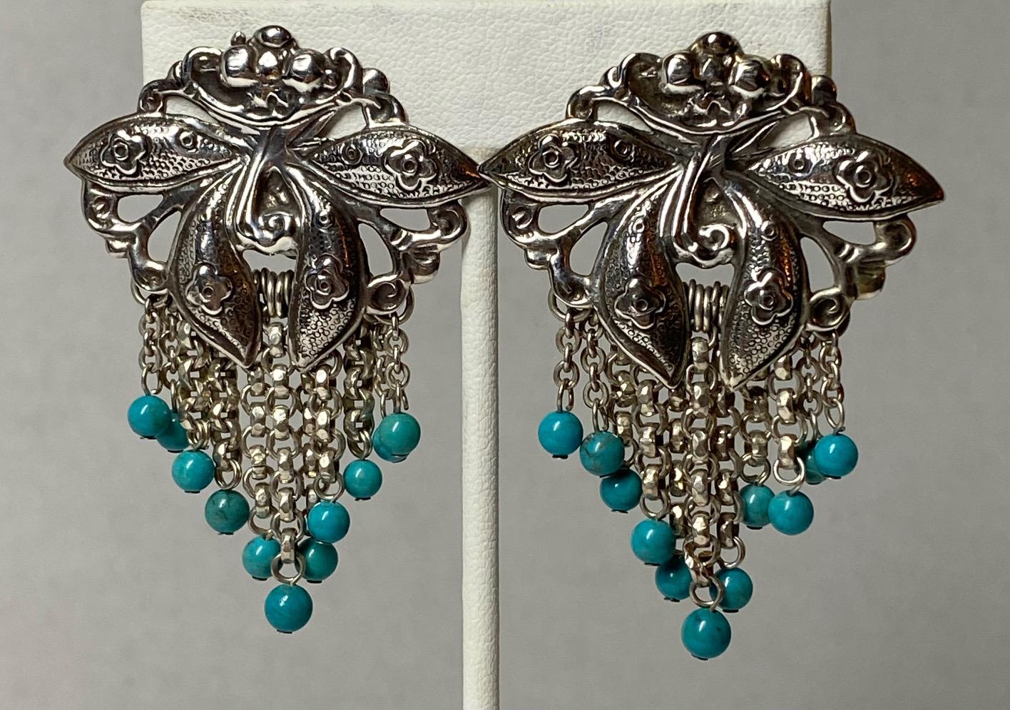 Women's Stephen Dweck 1988 Sterling & Turquoise Bead Large Flower Fringe Earrings