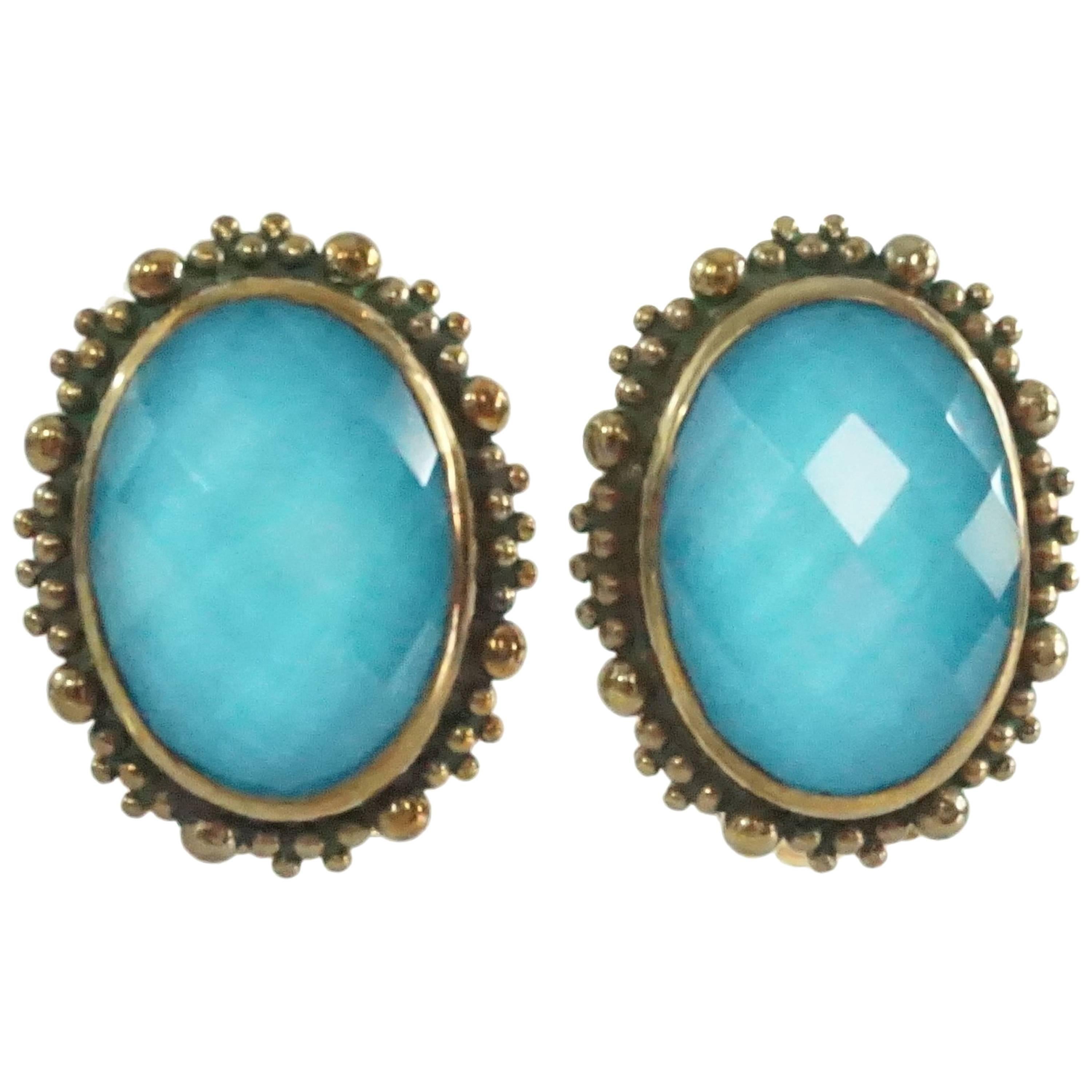 Stephen Dweck 2001 Faceted Turquoise Crystal Clip Sterling with Bronze Earrings  For Sale