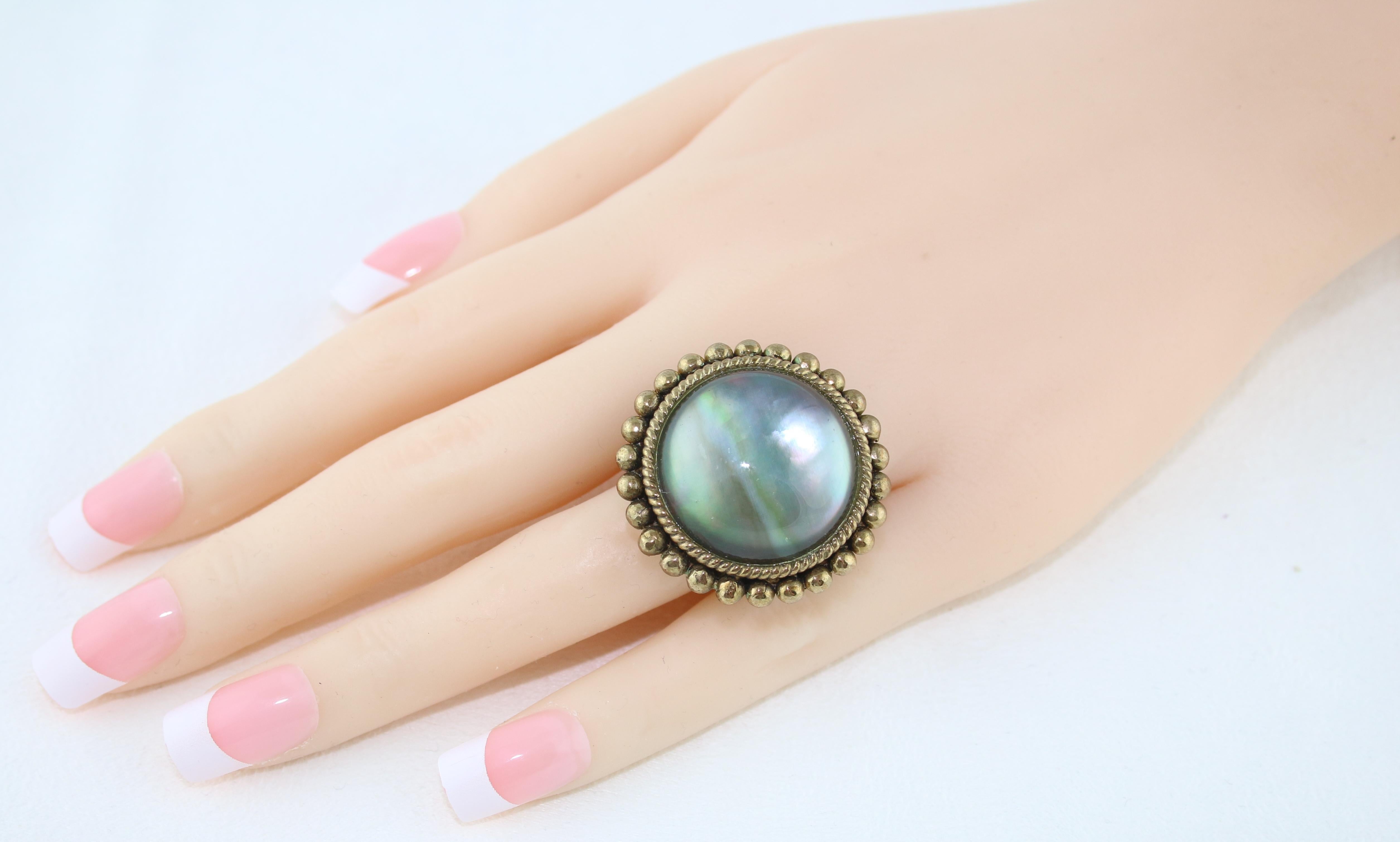 Stephen Dweck Abalone & Rock Crystal Brass Ring In New Condition For Sale In New York, NY