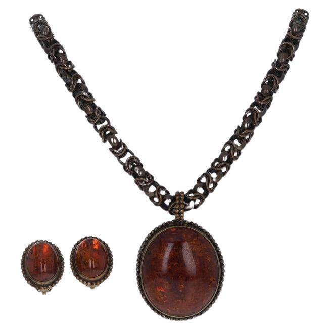 Stephen Dweck Amber Earrings & Necklace 33" Brass & Sterling Oval Cabochon NOS