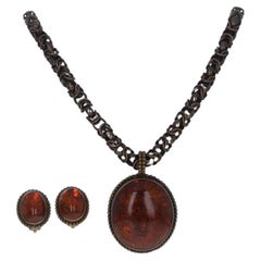 Stephen Dweck Amber Earrings & Necklace 33" Brass & Sterling Oval Cabochon NOS
