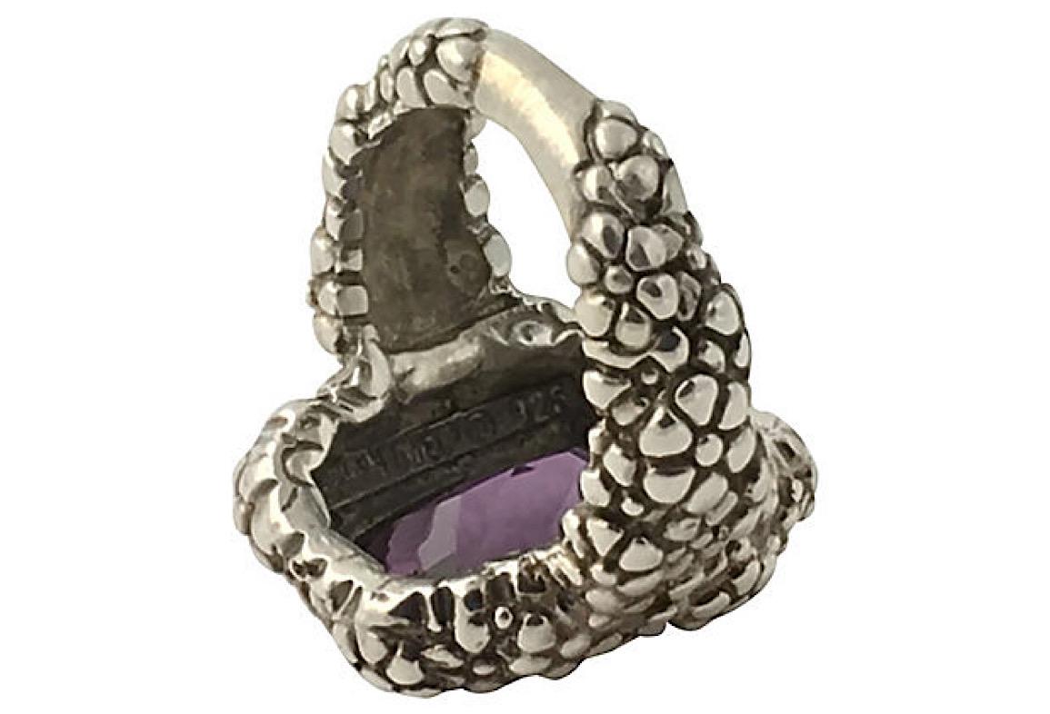 Cushion Cut Stephen Dweck Amethyst Beaded Floral Sterling Ring For Sale