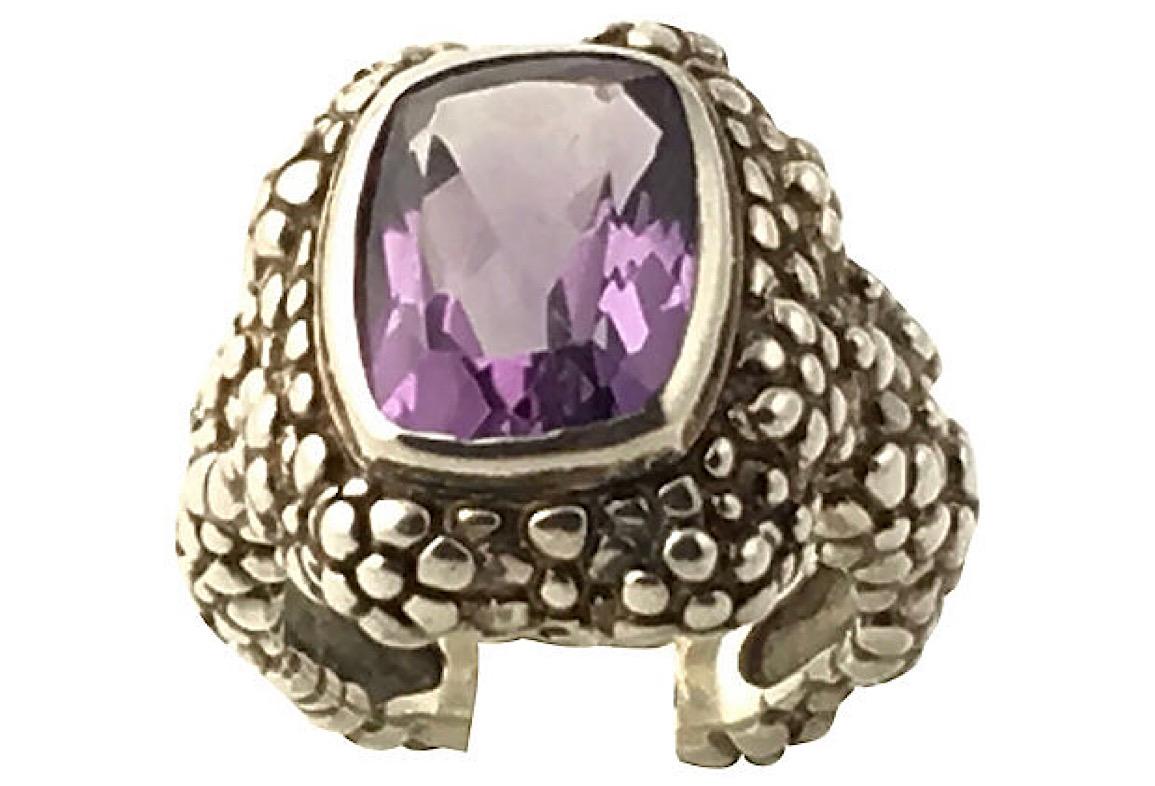 Stephen Dweck Amethyst Beaded Floral Sterling Ring In Good Condition For Sale In Miami Beach, FL