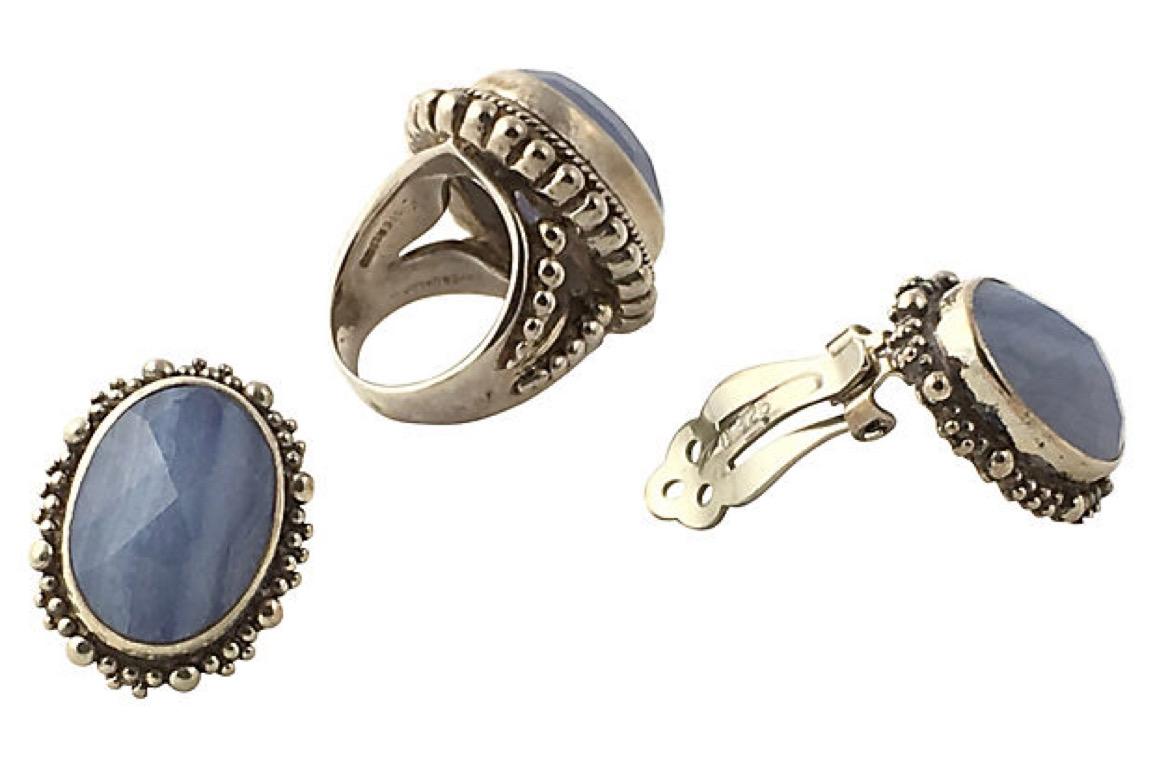Stephen Dweck sterling silver beaded textured cocktail ring featuring blue chalcedony center and matching clip-back earrings with striped blue agate centers. Ring 1