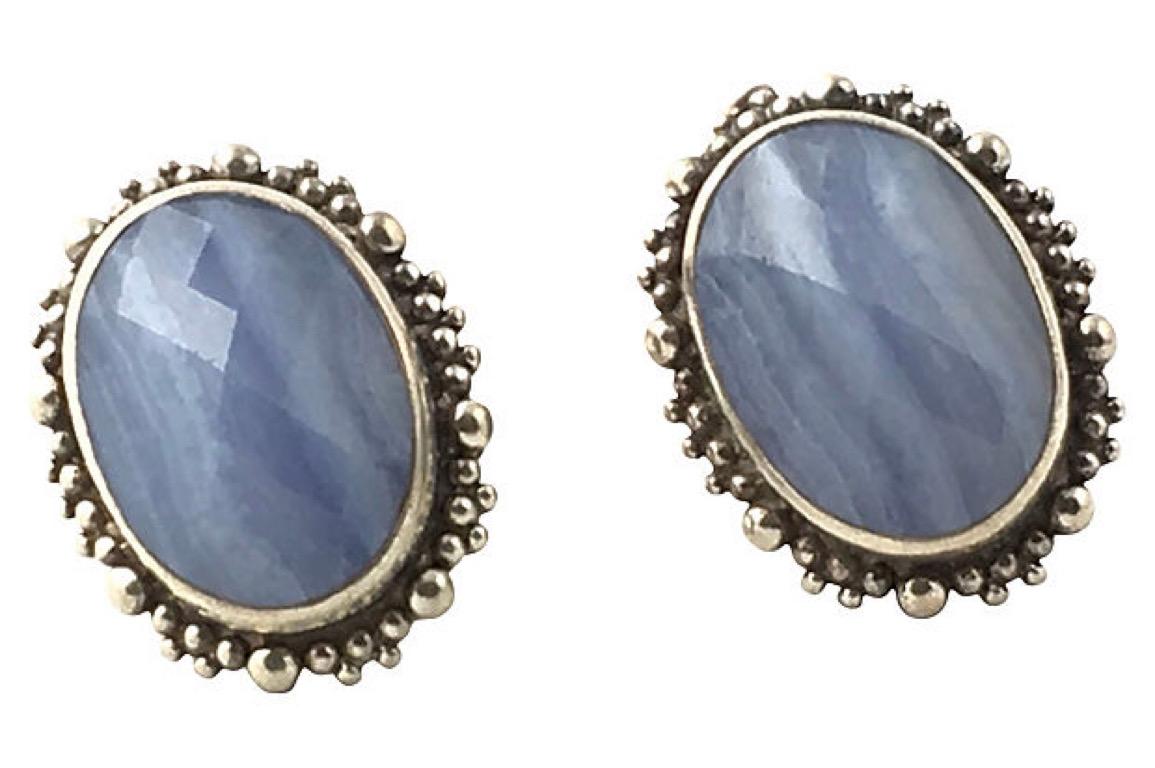 Stephen Dweck Blue Chalcedony Sterling Silver Earrings with Blue Agate Ring Set For Sale 1