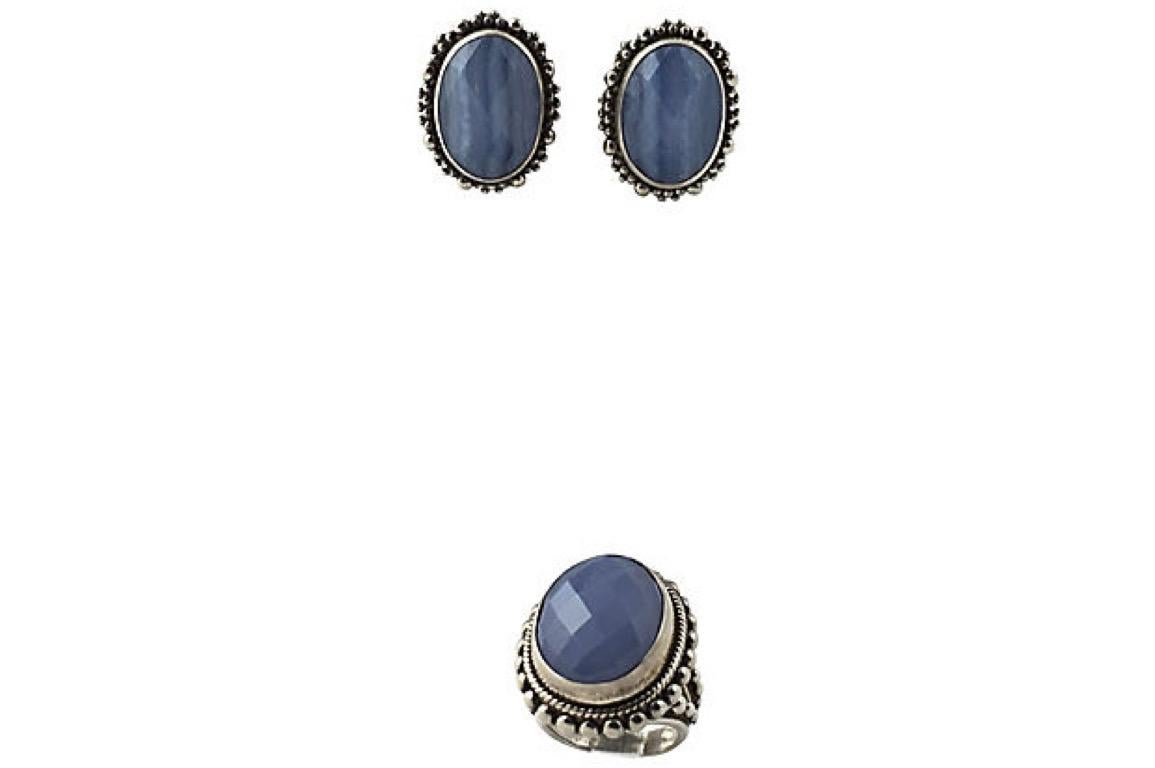 Stephen Dweck Blue Chalcedony Sterling Silver Earrings with Blue Agate Ring Set For Sale 4