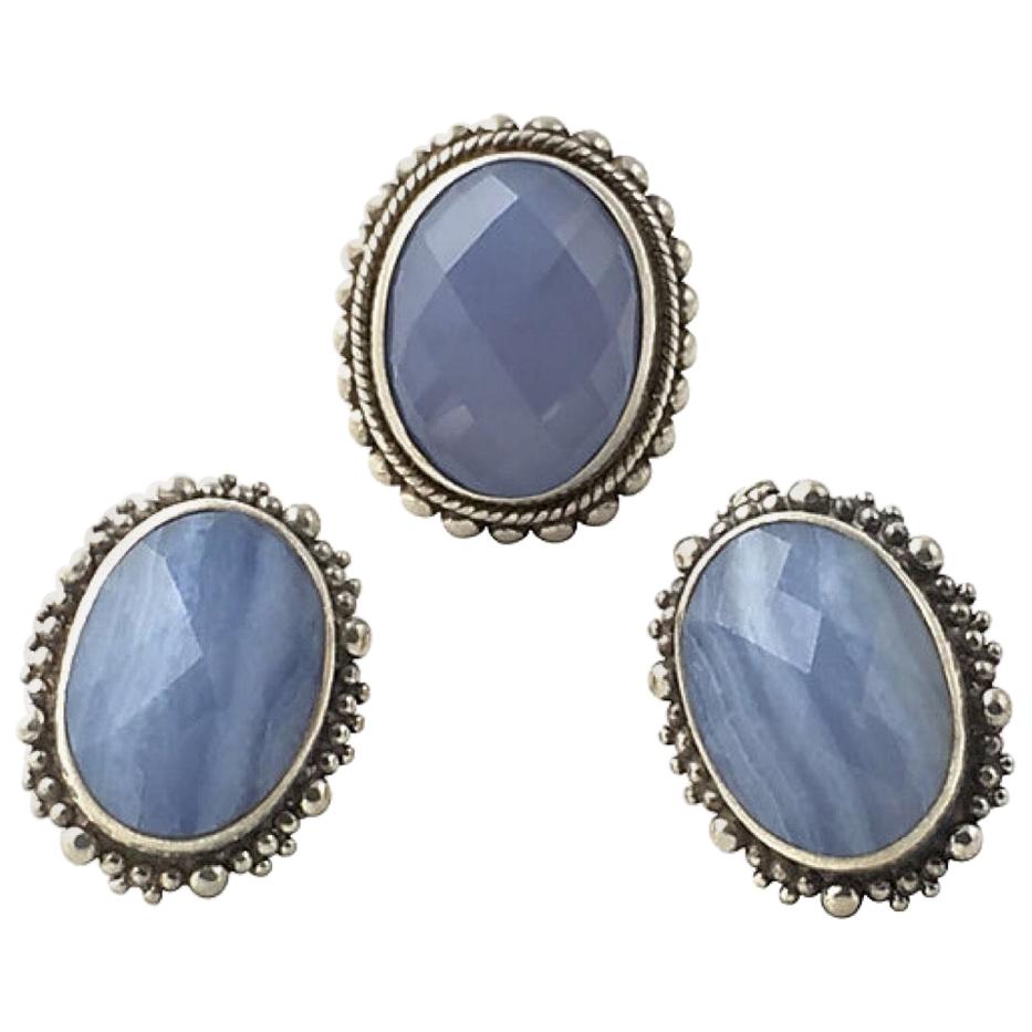 Stephen Dweck Blue Chalcedony Sterling Silver Earrings with Blue Agate Ring Set