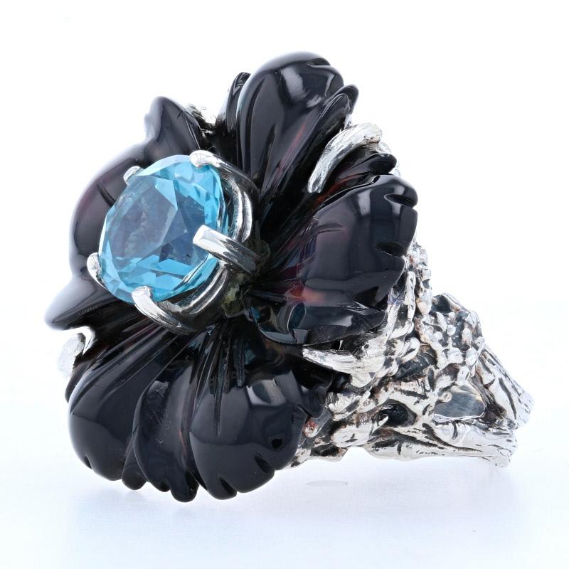 Uncut Stephen Dweck Blue Topaz & Carved Mother of Pearl Flower Ring Silver 925