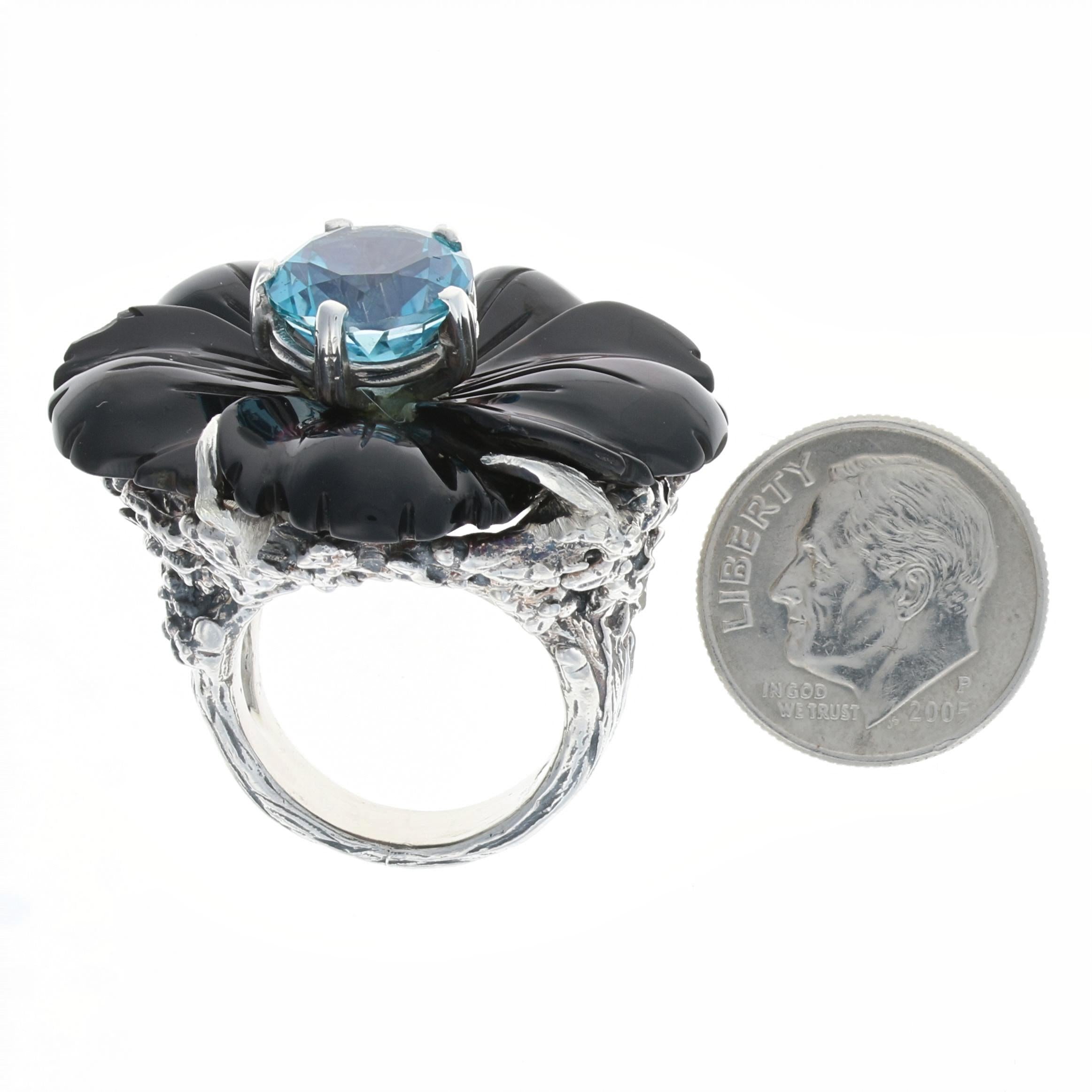Women's or Men's Stephen Dweck Blue Topaz & Carved Mother of Pearl Flower Ring Silver 925