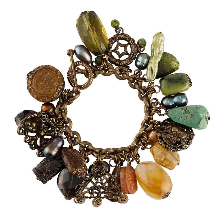 Stephen Dweck Brass MultiGem Charm Bracelet For Sale at 1stDibs