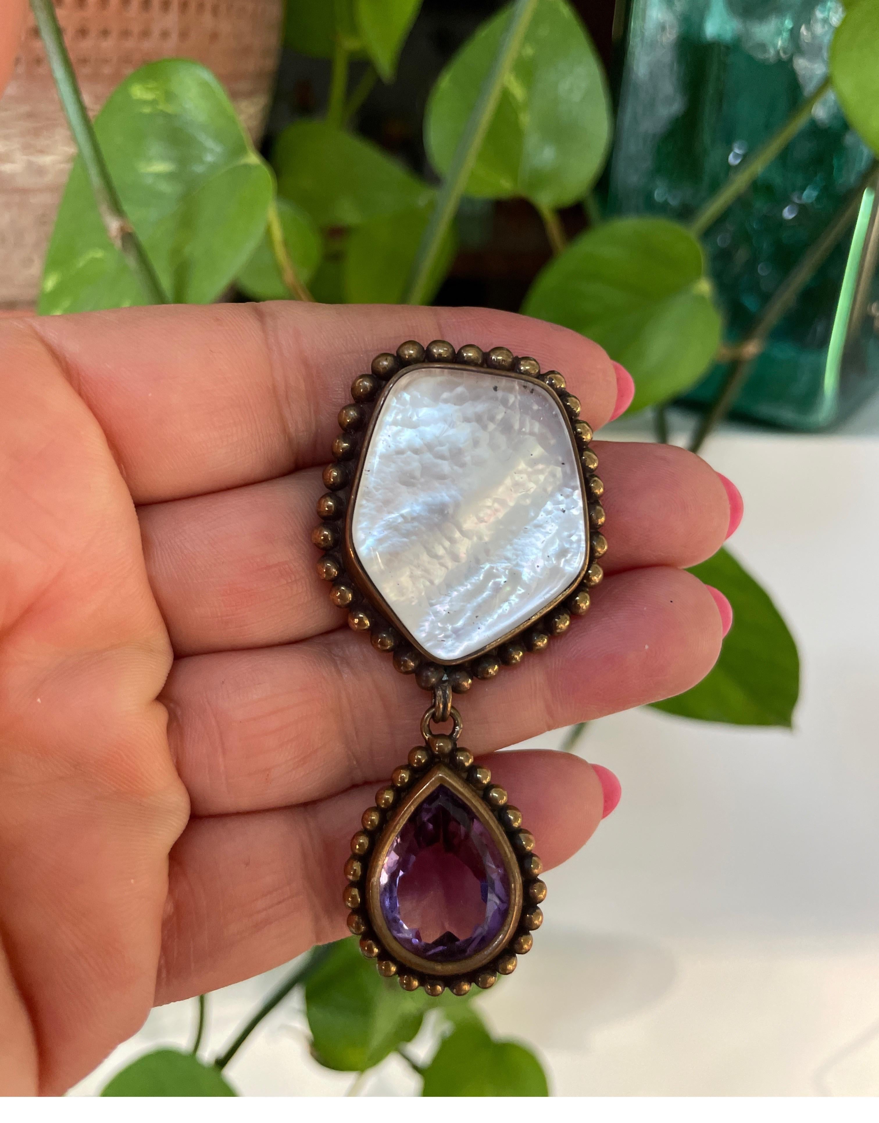 Stephen Dweck Bronze Amethyst & Mother of pearl Brooch Pin New, Never worn 1980s In New Condition For Sale In Wallkill, NY