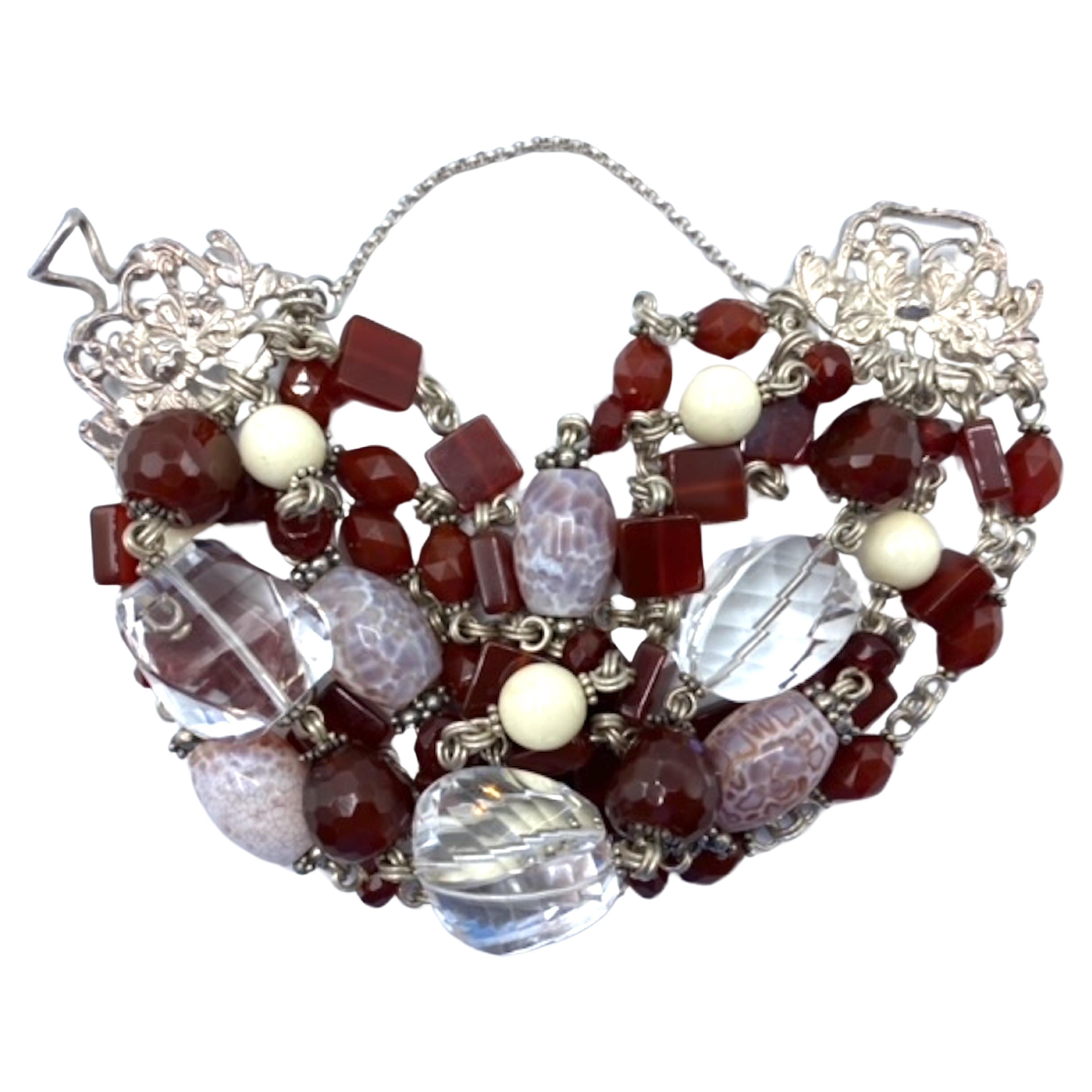 6strangiges Stephen Dweck-Armband aus Karneol, Bergkristall, Obsidean und Sterling