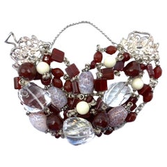 Stephen Dweck Carnelian, Rock Crystal, Obsidean & Sterling 6 Strand Bracelet