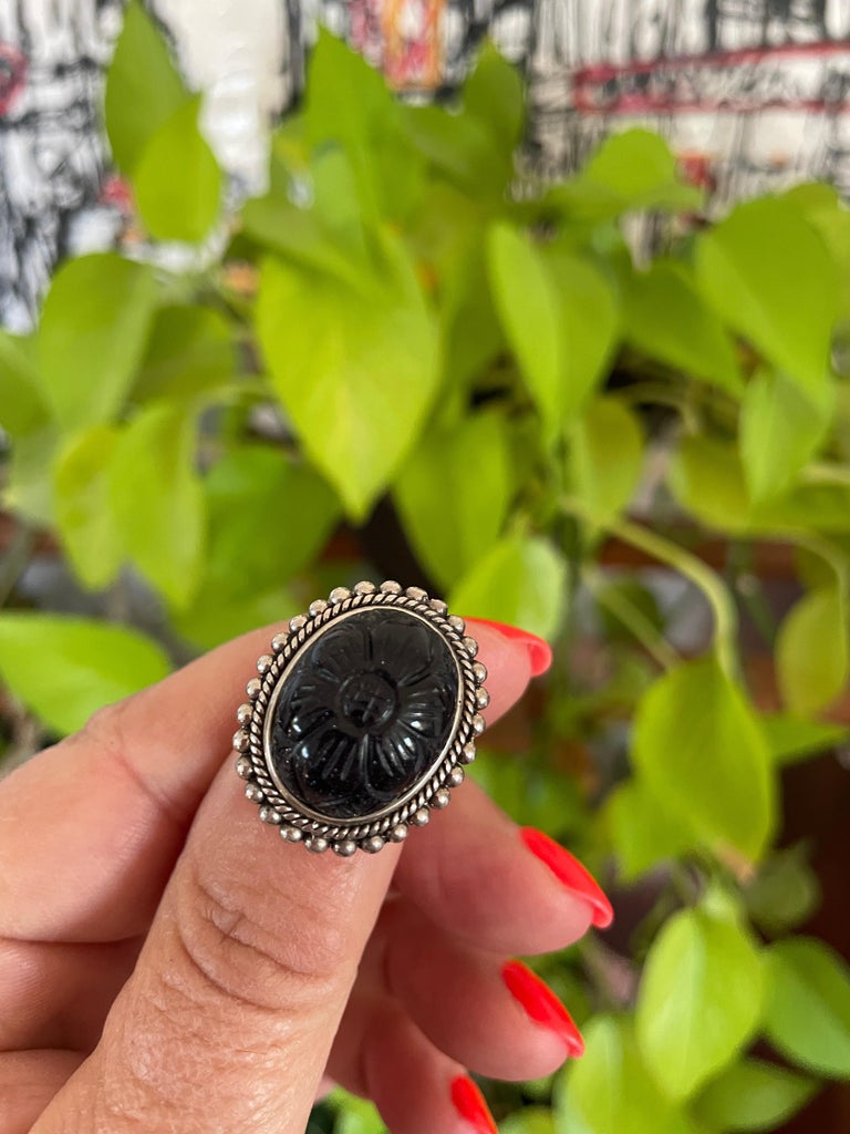 Sterling Ring Stephen DWECK carved Blue Goldstone Flower New