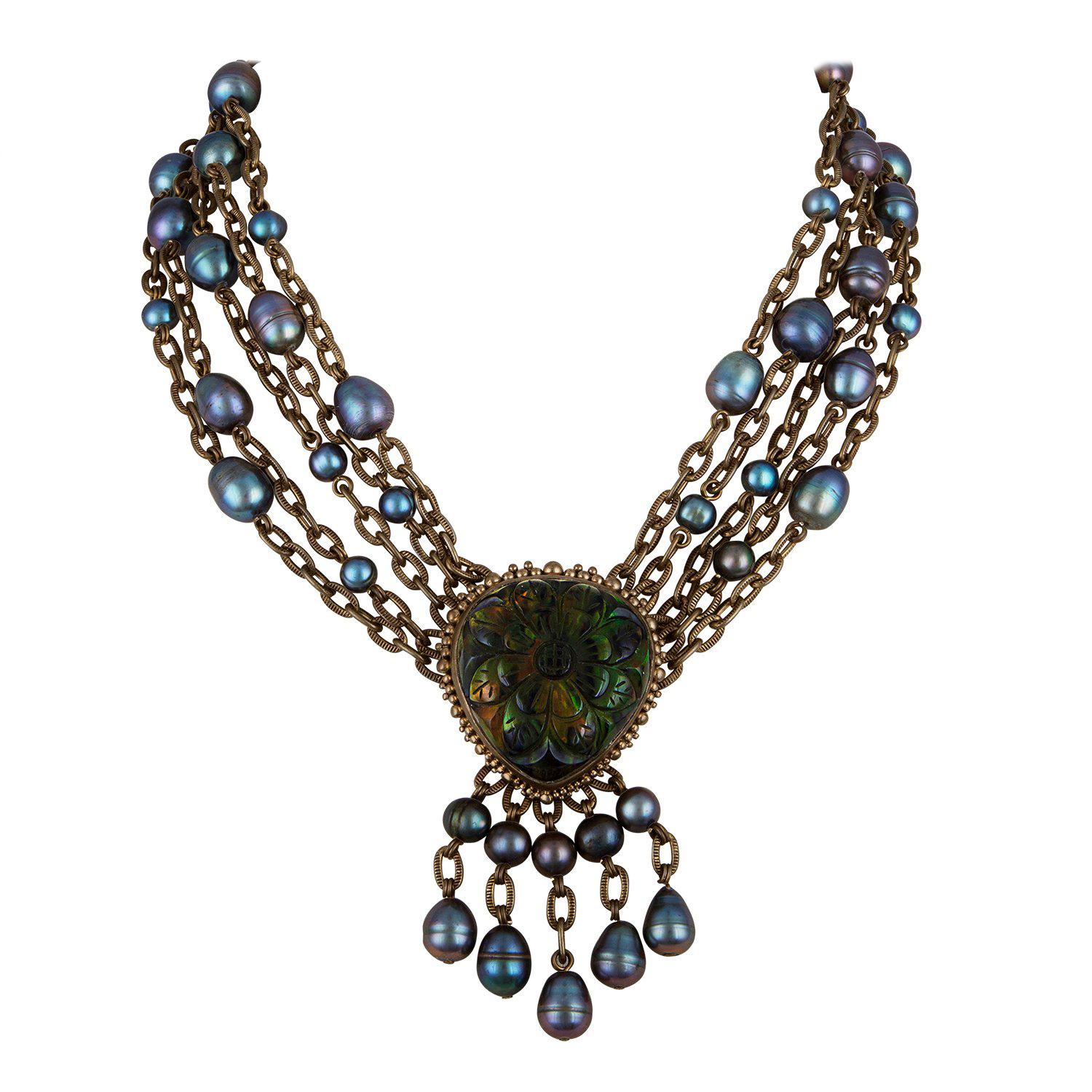 Stephen Dweck Carved Crystal Quartz and Pearl MultiStrand Brass