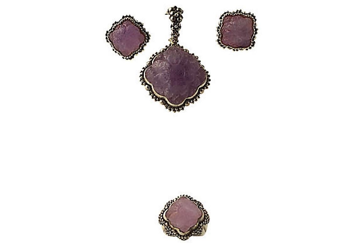 Mixed Cut Stephen Dweck Carved Flower Amethyst Sterling Earrings Ring and Pendant