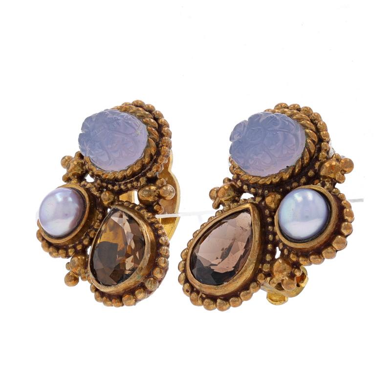 Bead Stephen Dweck Chalcedony Pearl Large Stud Earrings Brass 925 Gold Pltd Clip-Ons