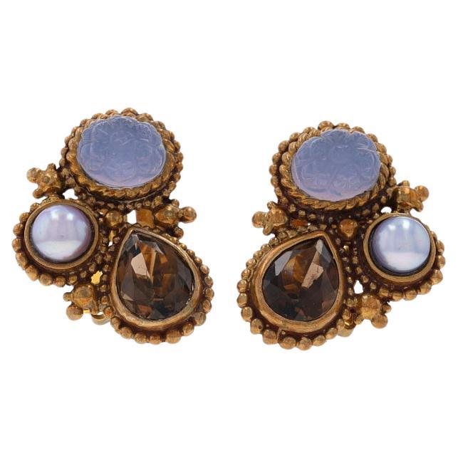 Stephen Dweck Chalcedony Pearl Large Stud Earrings Brass 925 Gold Pltd Clip-Ons