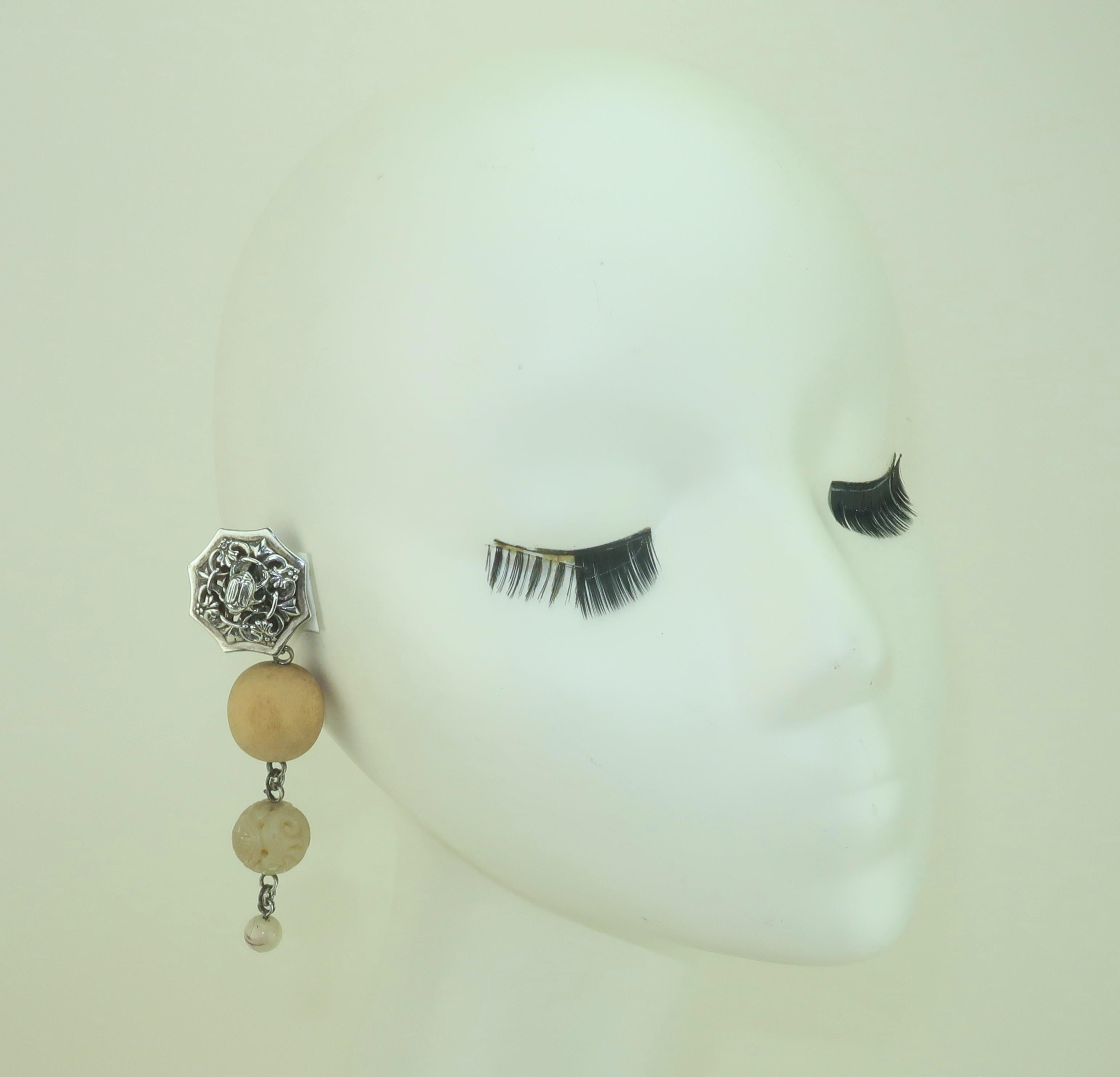 STEPHEN DWECK Tropfen-Ohrringe mit Skarabäus-Tropfen aus Sterling, Holz und Stein, 1989 im Angebot 4