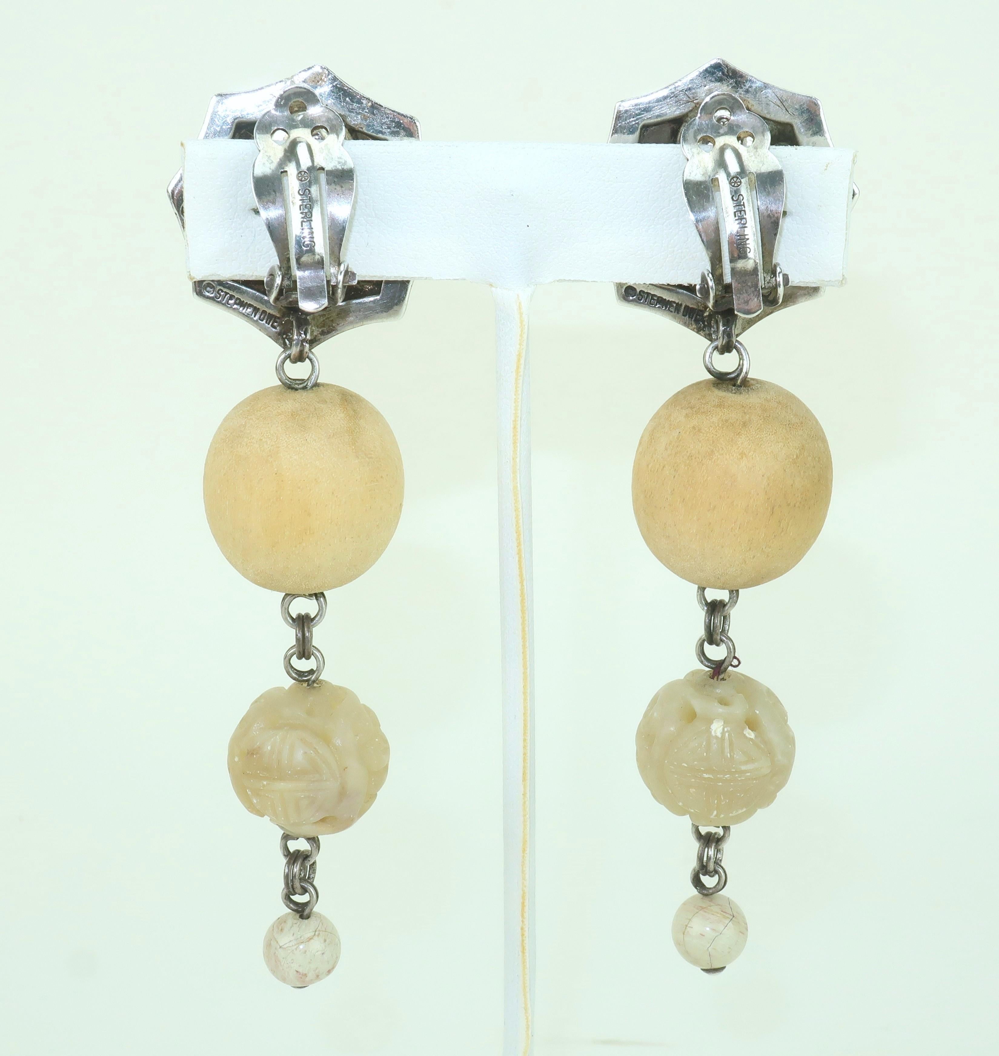 STEPHEN DWECK Tropfen-Ohrringe mit Skarabäus-Tropfen aus Sterling, Holz und Stein, 1989 (Kunsthandwerker*in) im Angebot